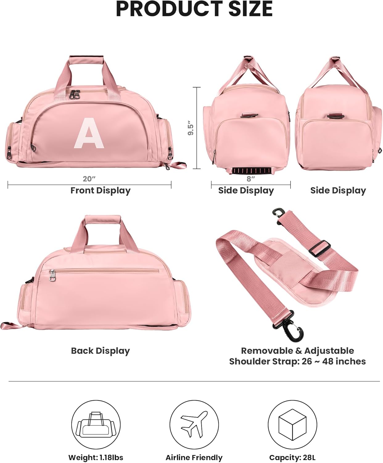 Gifts for Teen Girls 12-14, Initial Gym Bags with Shoe Compartment, Dance Bag for Girls, Monogram Kid Overnight Bags, Travel Duffle Tote-Perfect for Ballet Sport Gymnastics Cheer (Letter I)