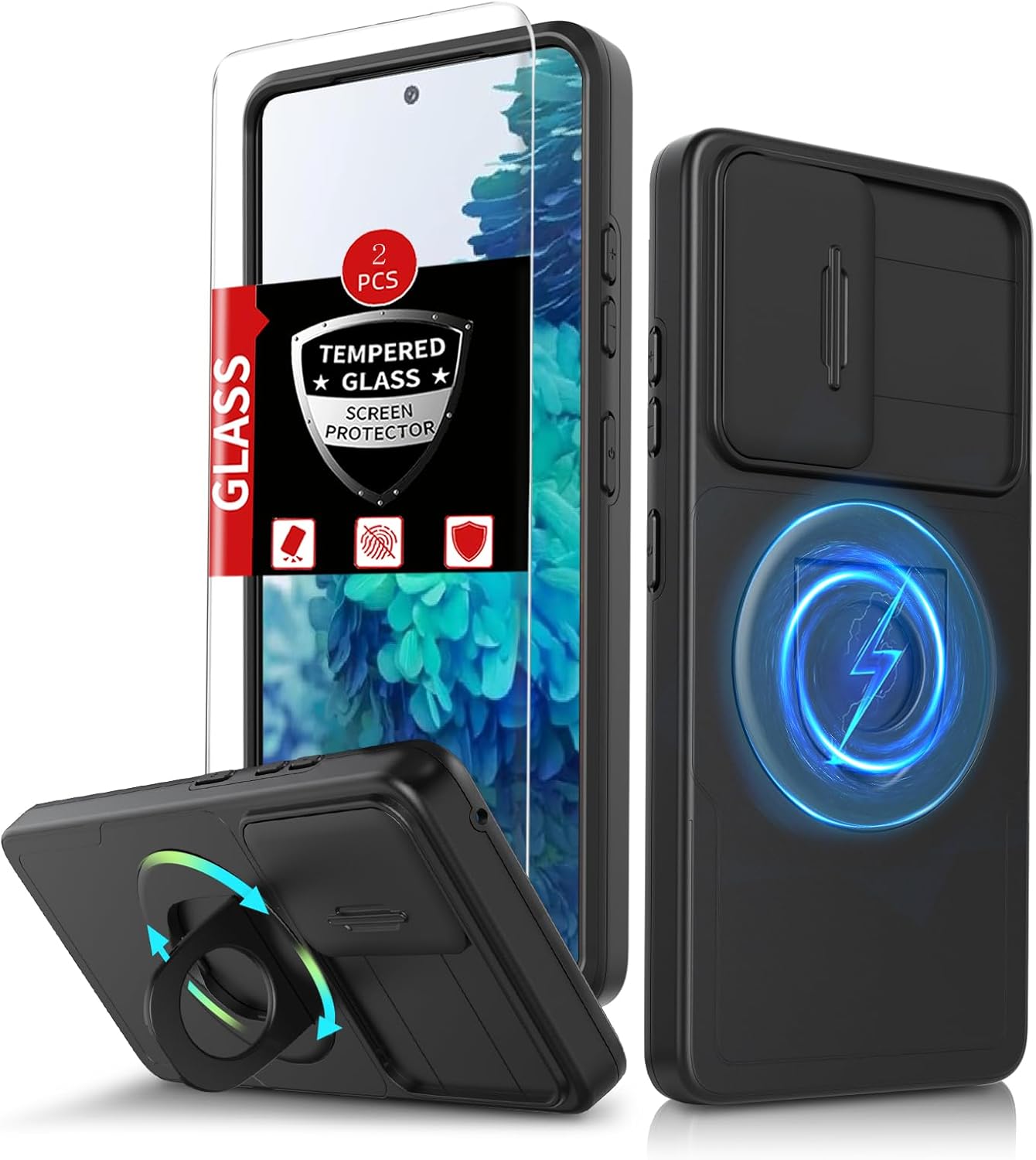 for Samsung Galaxy S20 FE Case Magnetic Compatible with MagSafe Wireless Charging,with 2 Screen Protectors,Built-in Stand Ring+Camera Cover Anti-Scratch Shockproof Heavy Duty Protection Black