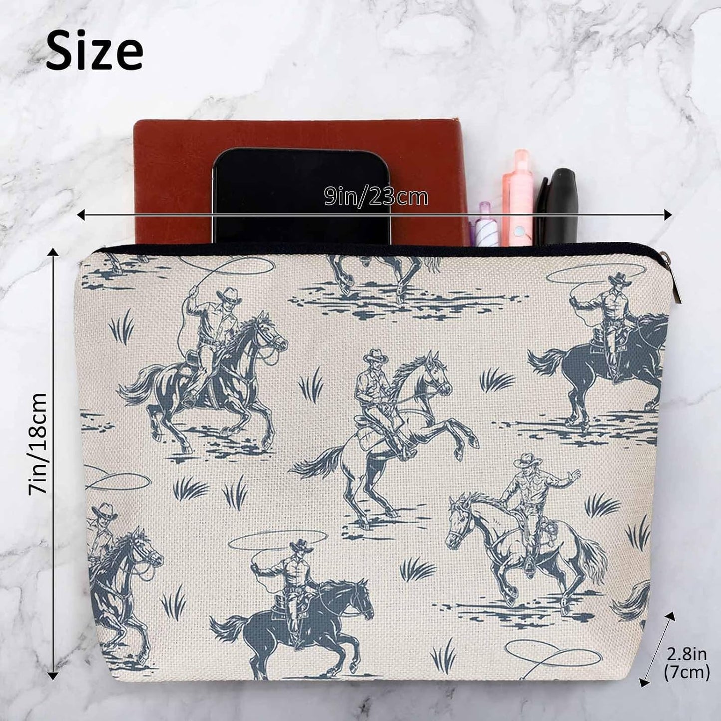 Women Cosmetic Bag Cowboy, American Western Cowboy Horse Riders Cute Makeup Bag For Purse Cosmetic Travel Bag For Toiletries Makeup Storage Bag Flax Skincare Bag Make Up Pouch Bags