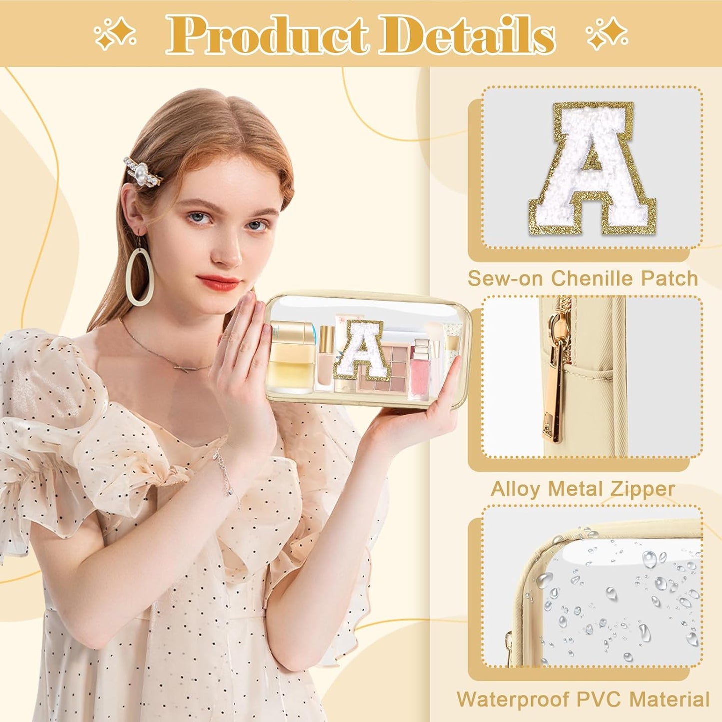 Personalized Initial Letter Clear Makeup Bag,Preppy Small Nylon&PVC Cosmetic Zipper Bag with