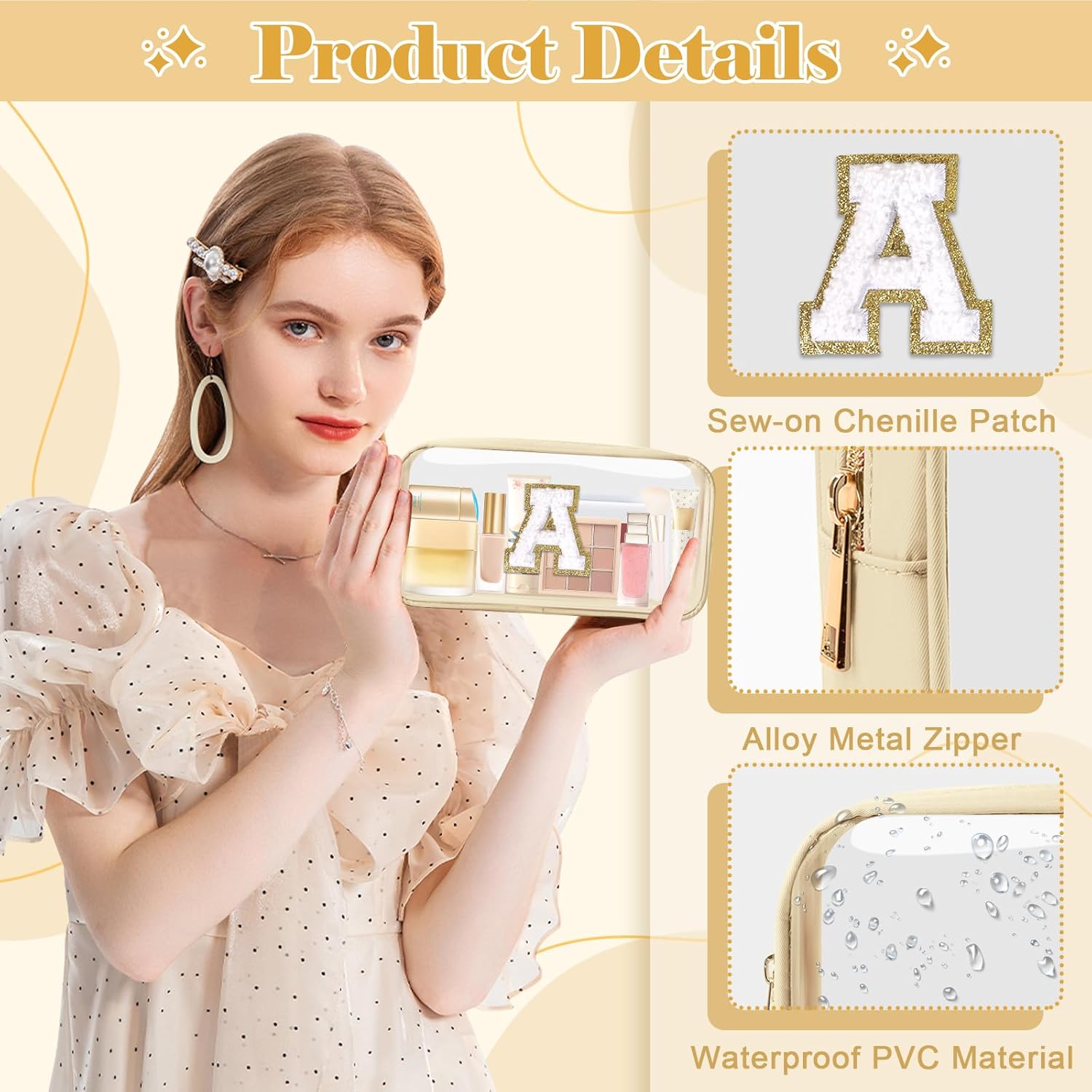 Personalized Initial Letter Clear Makeup Bag,Preppy Small Nylon&PVC Cosmetic Zipper Bag with