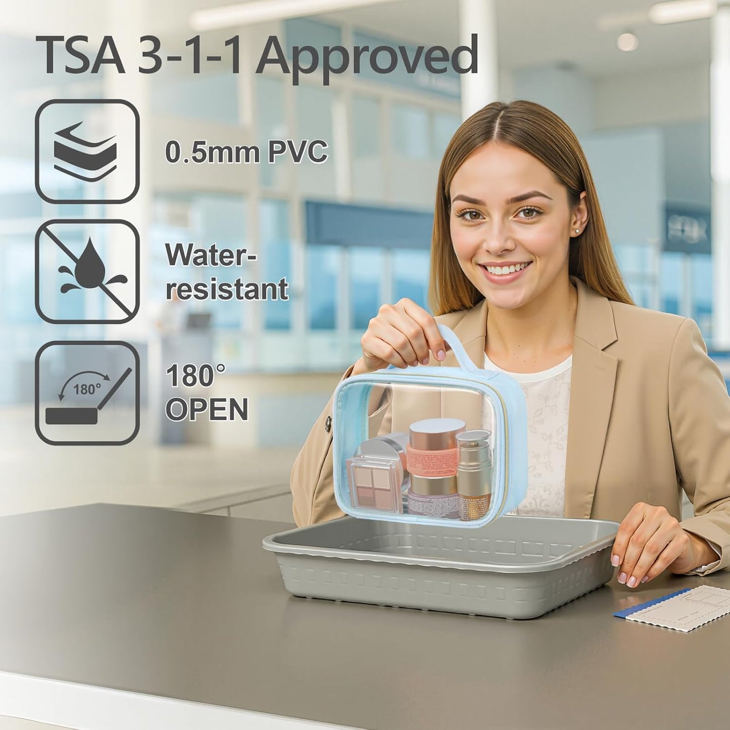 PACKISM Clear Makeup Bag - 3 Pack TSA Approved Toiletry Bag with Handle and 180° Large Opening