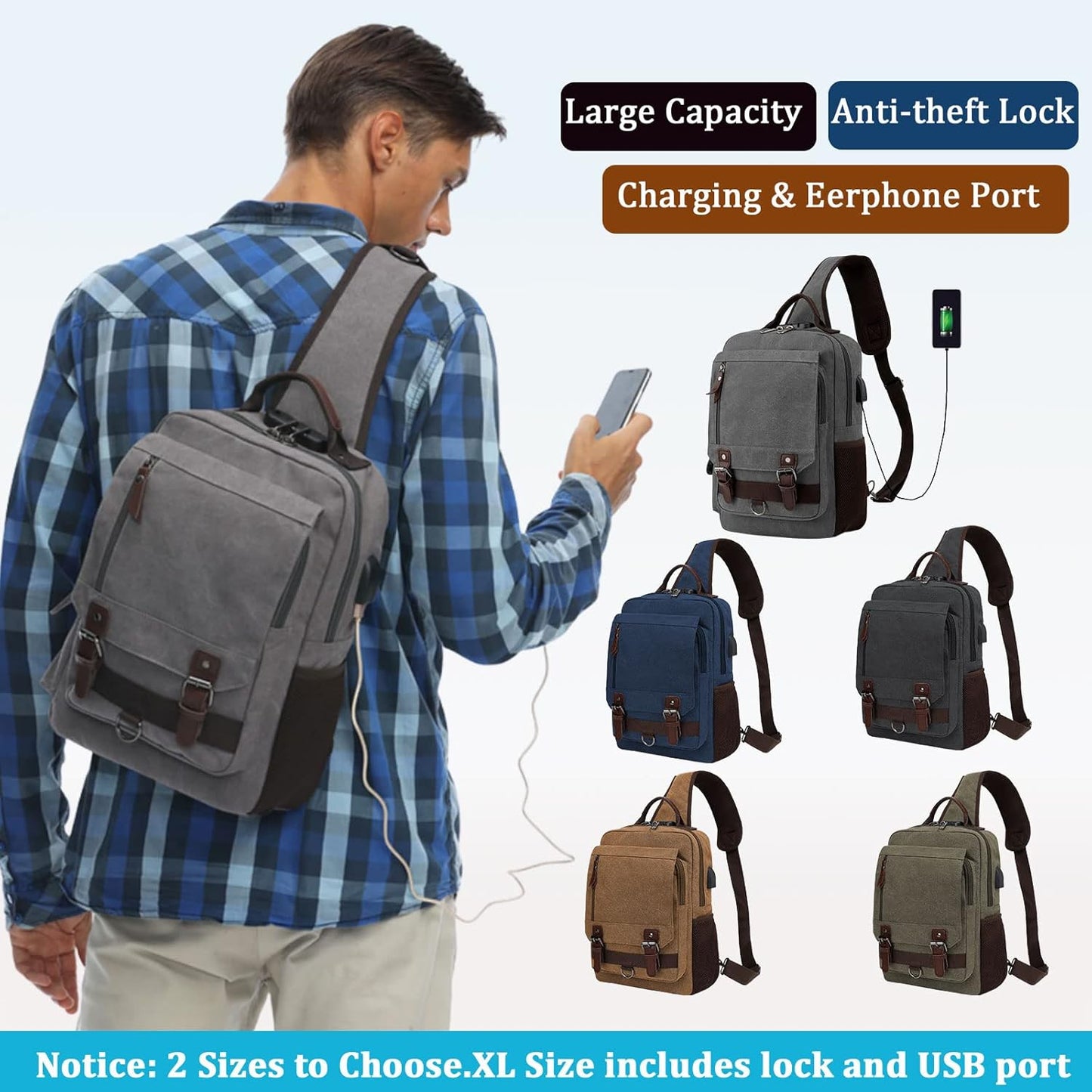 BASICPOWER Laptop Sling Bag for Men Women, Sling Backpack Crossbody Bag Fits 14 inch Computer with USB Port Anti-theft
