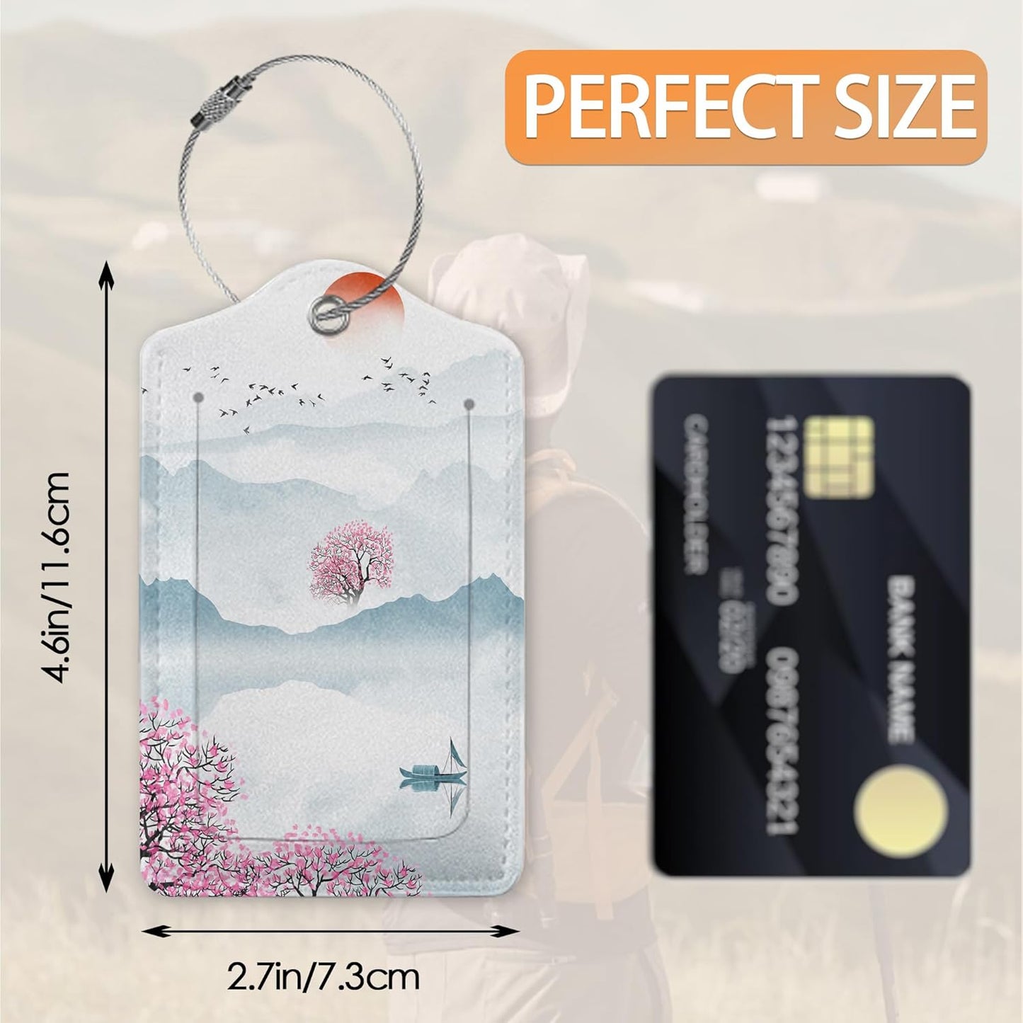 2 Pcs Luggage Tag for Suitcases,Japanese Cherry Blossom and Mountain Leather Baggage Tags Identifiers for Travel, Privacy Protection Travel Bag Labels Suitcase Tags for Women Men