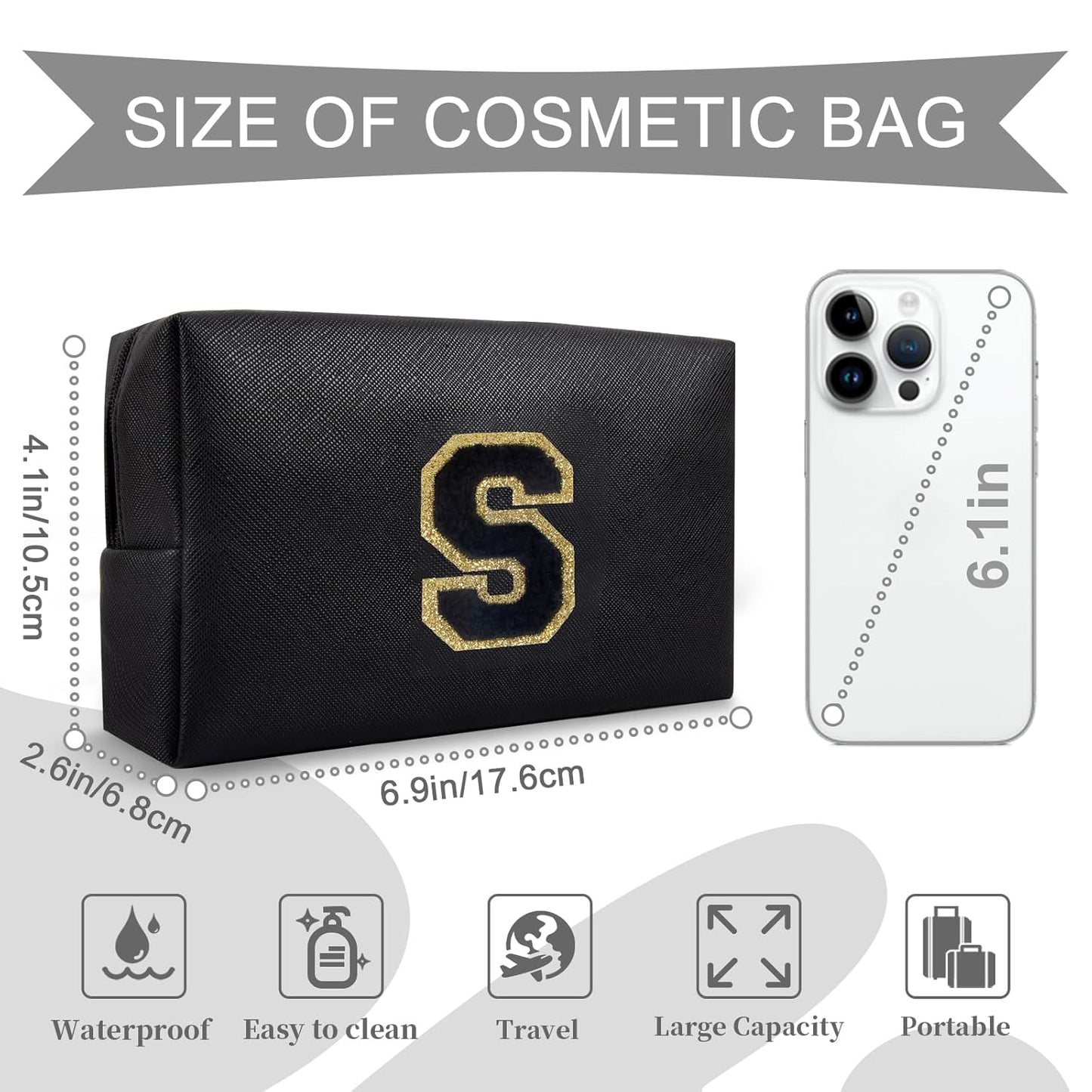 Personalized Initial A-Z Preppy Patch Makeup Bag,Small PU Chenille Letter Cosmetic Bag with Zipper for Teen Girls,Black Cute Toiletry Organizer Bag,Monogram Makeup Case Gift for Women Girls,Letter S