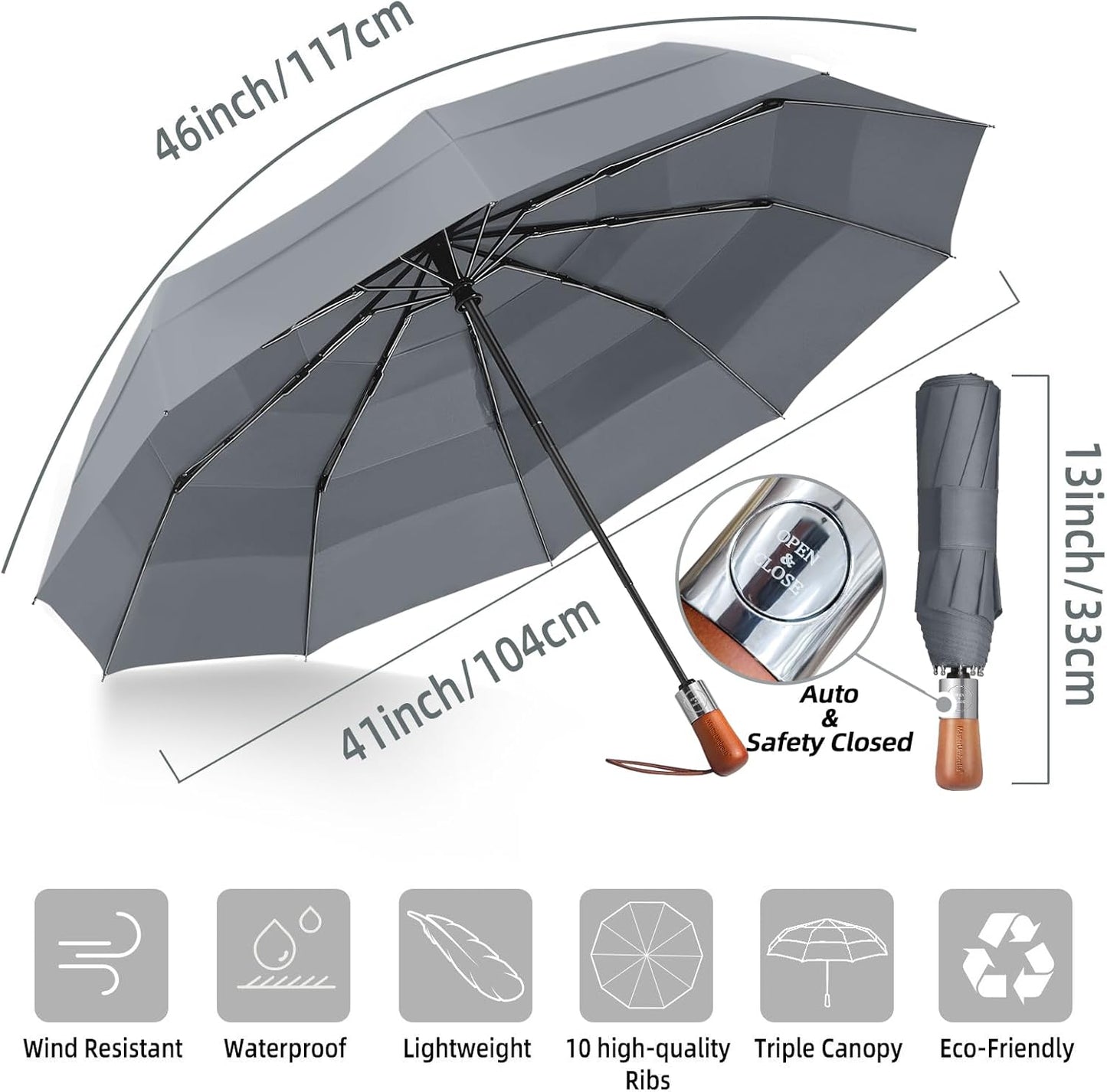 Umbrellas for Rain, Heavy-Duty Windproof Travel Umbrella — Auto Open/Close, Vented Triple-Layer Canopy, 10 Fiberglass Ribs, Folding Design, Large Coverage, Wooden Handle