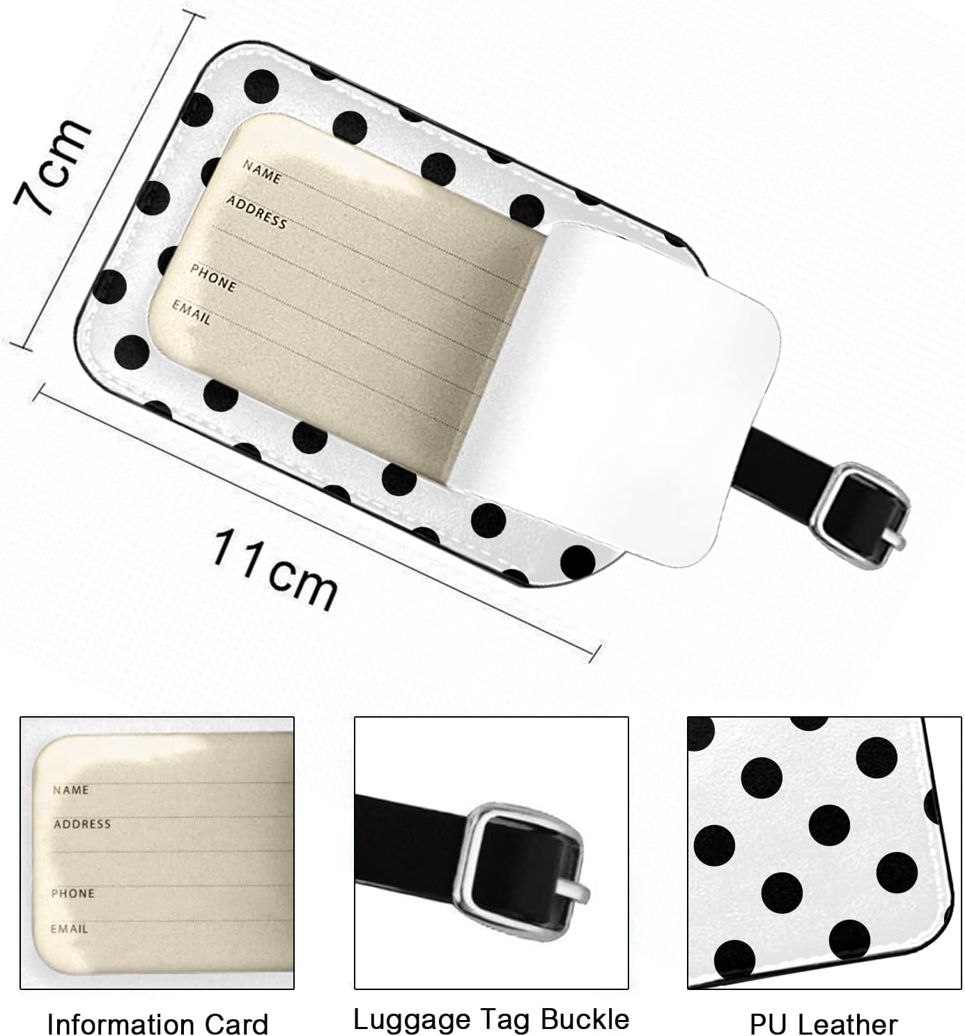 Black and White Dots Leather Travel Bag Labels Circle Modern Art Simple Luggage Tags for Men Women, Suitcase Baggage Bag Tag ID Tags with Full Back Privacy Cover, 1 Pack