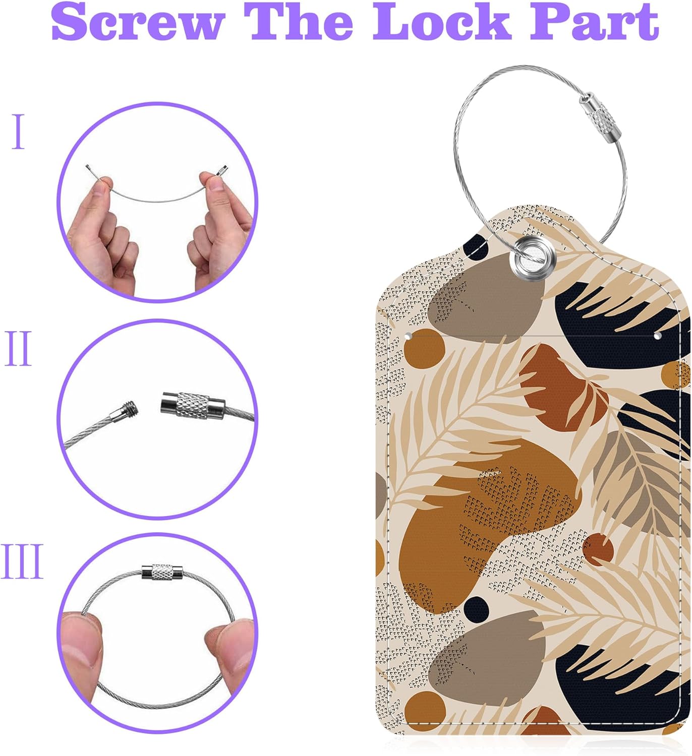 Boho Tropical Leaves Luggage Tags 2PCS PU Leather Suitcases Tag with Stainless Steel Loop and