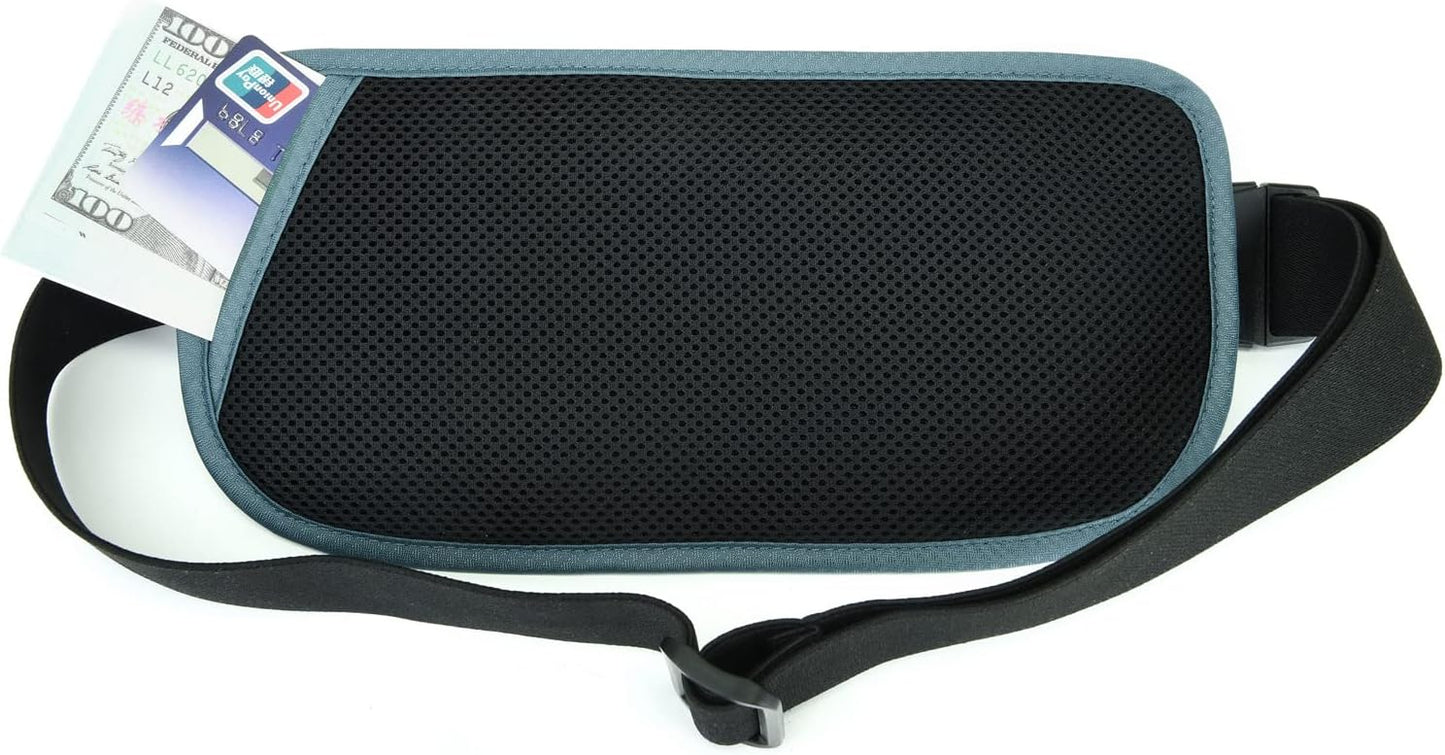 RFID Blocking Money Belt for Men Women, Slim Fanny Pack for Travel，Running,Conceal Waist Wallet for Passport Holder,Phone,Cash(Black Turquoise)
