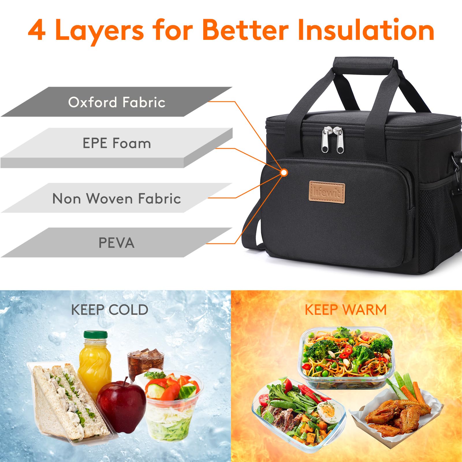 Lifewit Medium Lunch Bag, Insulated Lunch Box, Soft Cooler Cooling Tote for Adult Men Women, Black