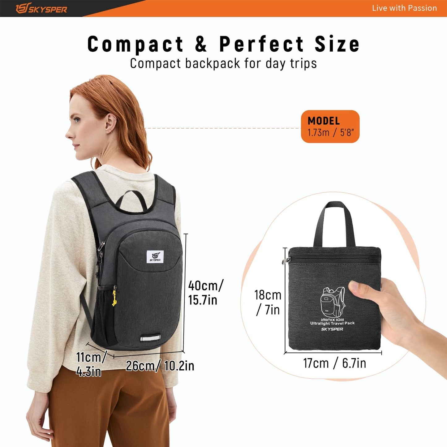 SKYSPER Small Hiking Backpack 10L Packable Lightweight Back Pack Foldable Travel Daypack for Women Men