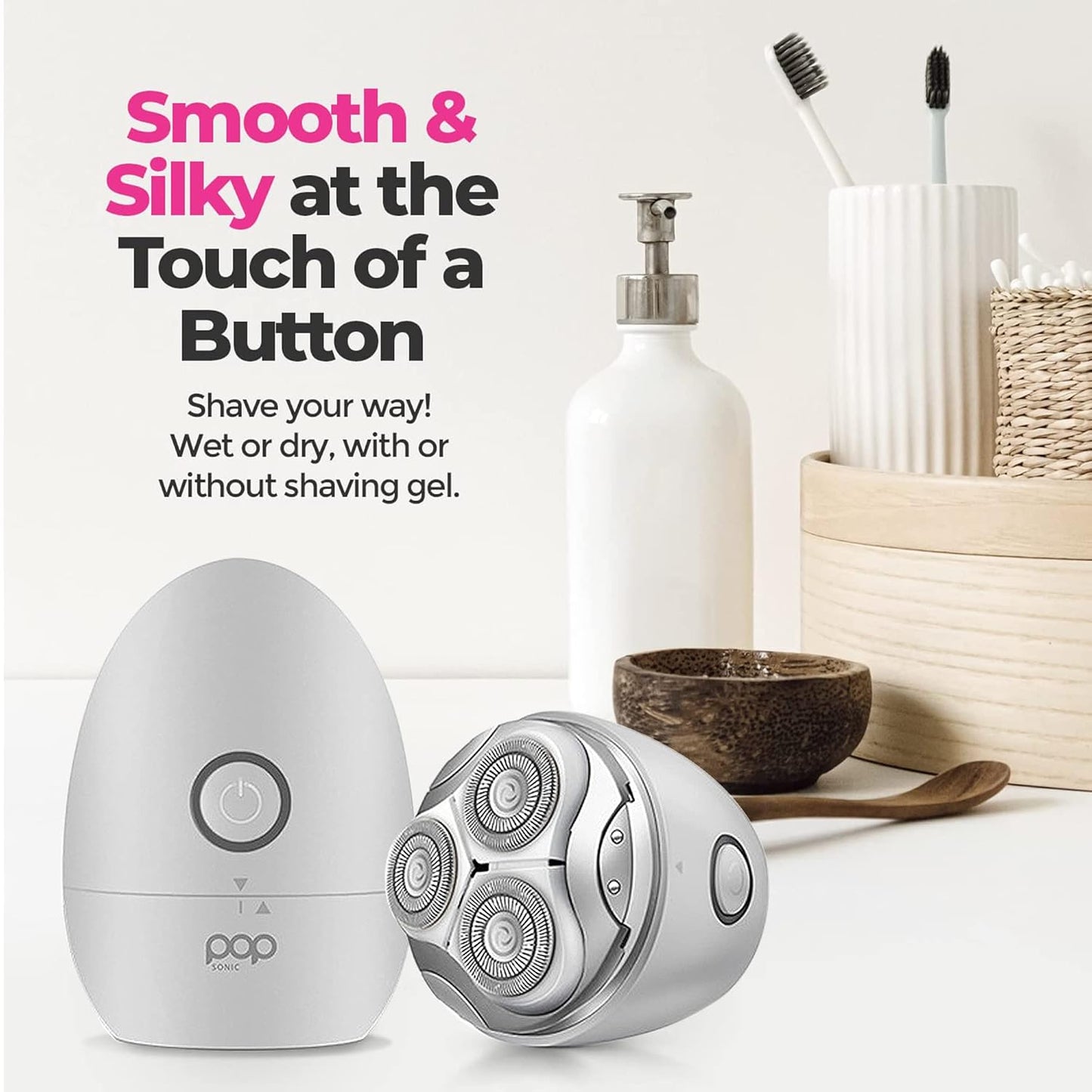 Pop Sonic Moon Shaver (Silver) - Face & Body Shavers for Men & Women - 3 Floating Rotary Heads Face Shaver w/Removable Cap - Long Lasting Lithium-ion Battery Portable Electric Shaver & Leg Shaver