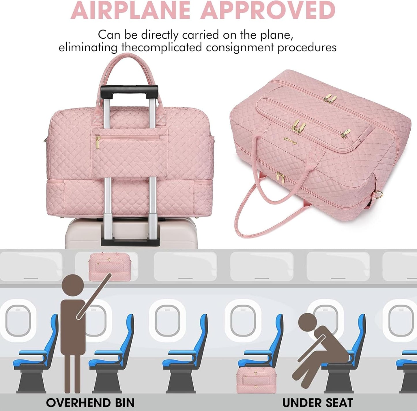 Large Women Travel Duffle Bag - Carry on Overnight Bag Weekend Travel Duffel Tote Bag Yoga Gym Bag with Wet Pocket Toiletry Weekender Overnight Bag for Travel Business Trips Sports Hospital Pink