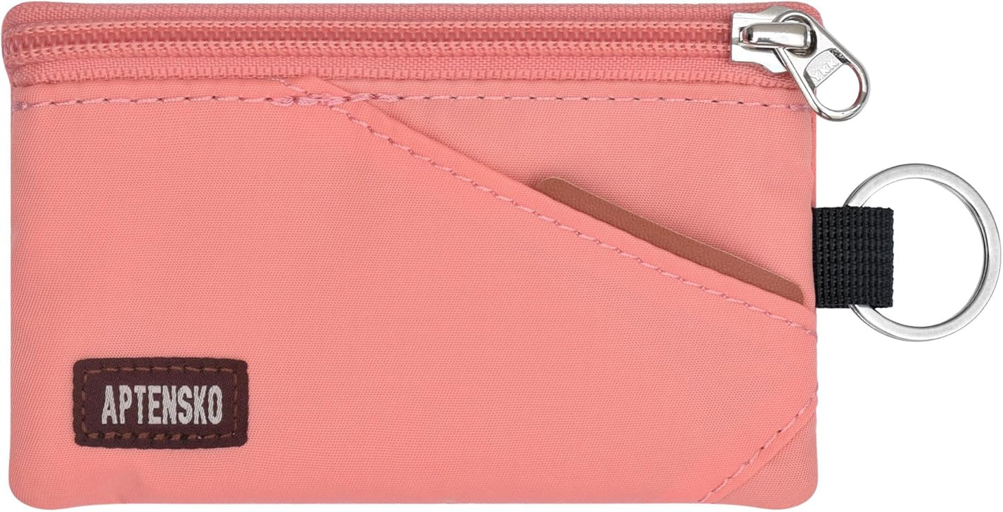 RFID Travel Wallet with Adjustable Lanyard-Zipper Small Wallet with ID Card Holder, Keychain for women&men-Minimalist Slim Waterproof Nylon case for ID, Cash, Key (Coral Blush)