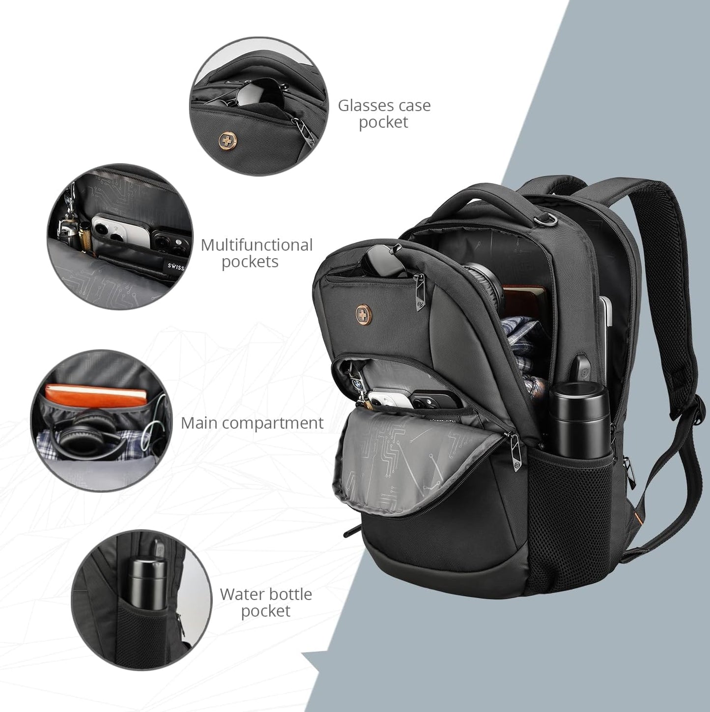 Swissdigital Design Business Laptop Backpack, College Laptops Backpack with USB Charging Port for Men and Women Fits 16 Inch Notebook, Black | ANDWIL