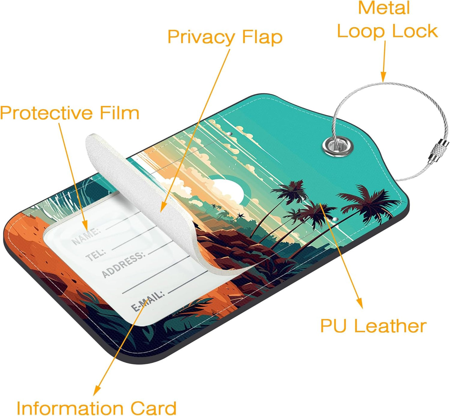 Beach Palm Trees Luggage Tag for Suitcase 3 Pack Leather Luggage Tag with Privacy Flap Name ID Label and Metal Loop for Women Men Travel