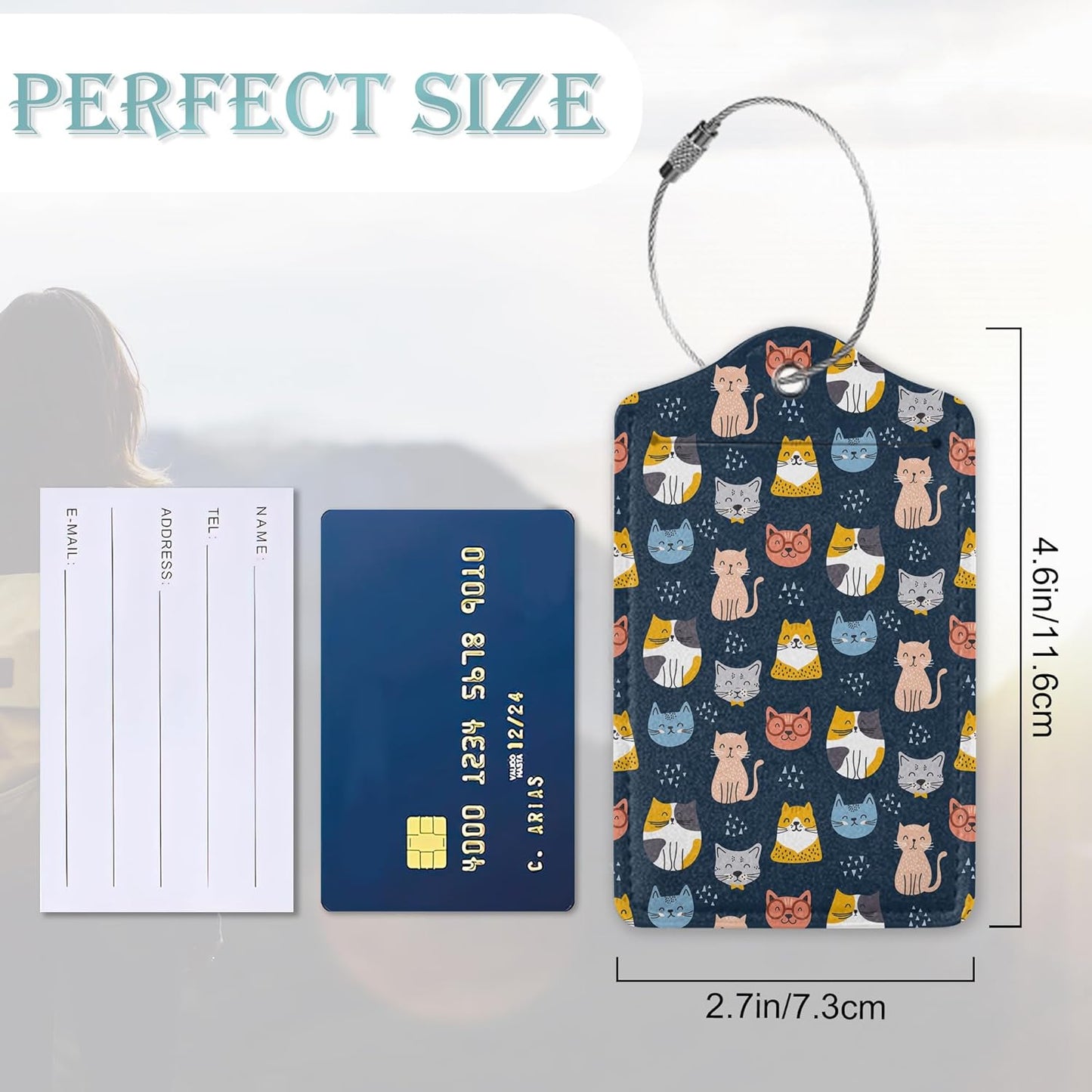 Cute Cat Luggage Tags for Suitcase,2 Pack Luggage Tag Animal Prints Leather Privacy Cover ID Label with Stainless Steel Loop for Women Men Kids Girls Travel