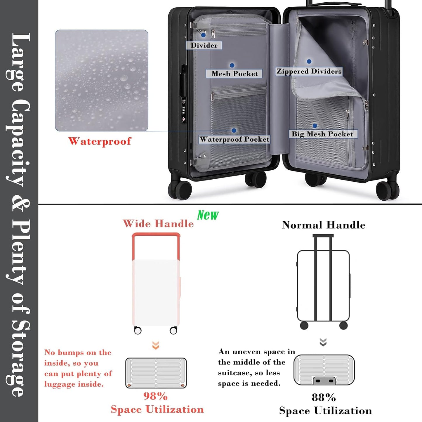 Somago Carry On Luggage Wide Handle 20 Inch Suitcase with Front Compartment Aluminum Framed PC Hardside 22x14x9 No Zipper Business Baggage with Spinner Wheels USB Charging Port TSA Lock (Black)