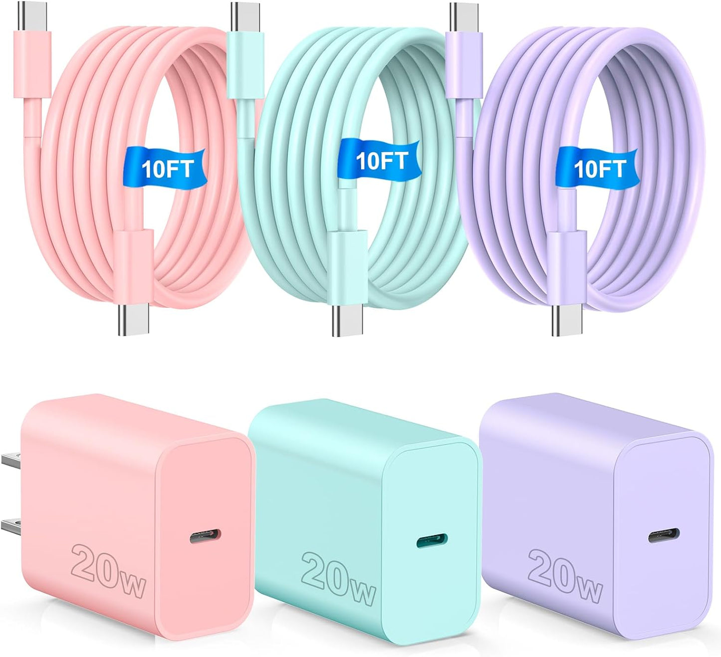 Compatible with iPhone 17 16 Fast Charger,20W PD USB C Wall Chager 3 Pack 10FT Long 60W USB C to C Fast Charging Cords Compatible with iPhone 17/16/15 Pro/Plus/Pro Max,Compatible with Samsung S24/23