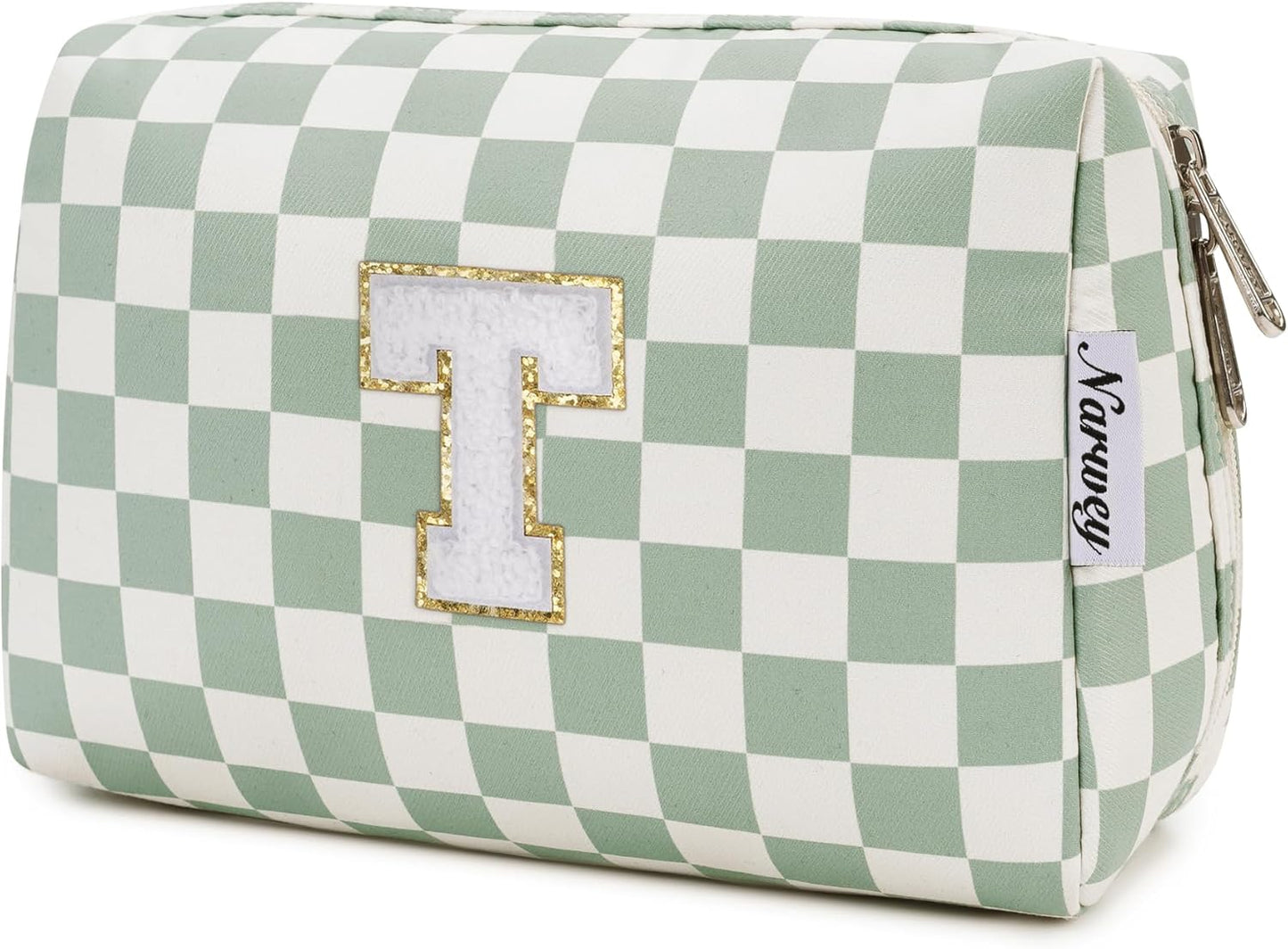 Narwey Birthday Gifts for Teen Girls Women Personalized Initial Checkered Makeup Bag Preppy Cosmetic Bag Trendy Stuff 6 8 10 11 12 13 14 16 18 Years Old Travel Toiletry Bag (Green Letter T)