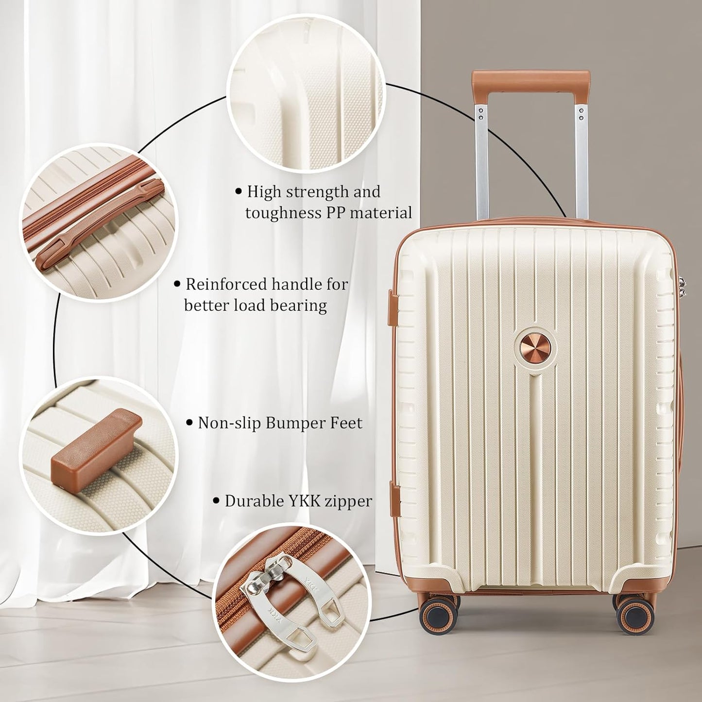Joyway Luggage Sets 2 Piece PP Hardshell Carry on Suitcase and Checked Luggage, Travel Lightweight Suitcase Set with Double Spinner Wheels and TSA Lock, Beige Brown, 20+28 inch