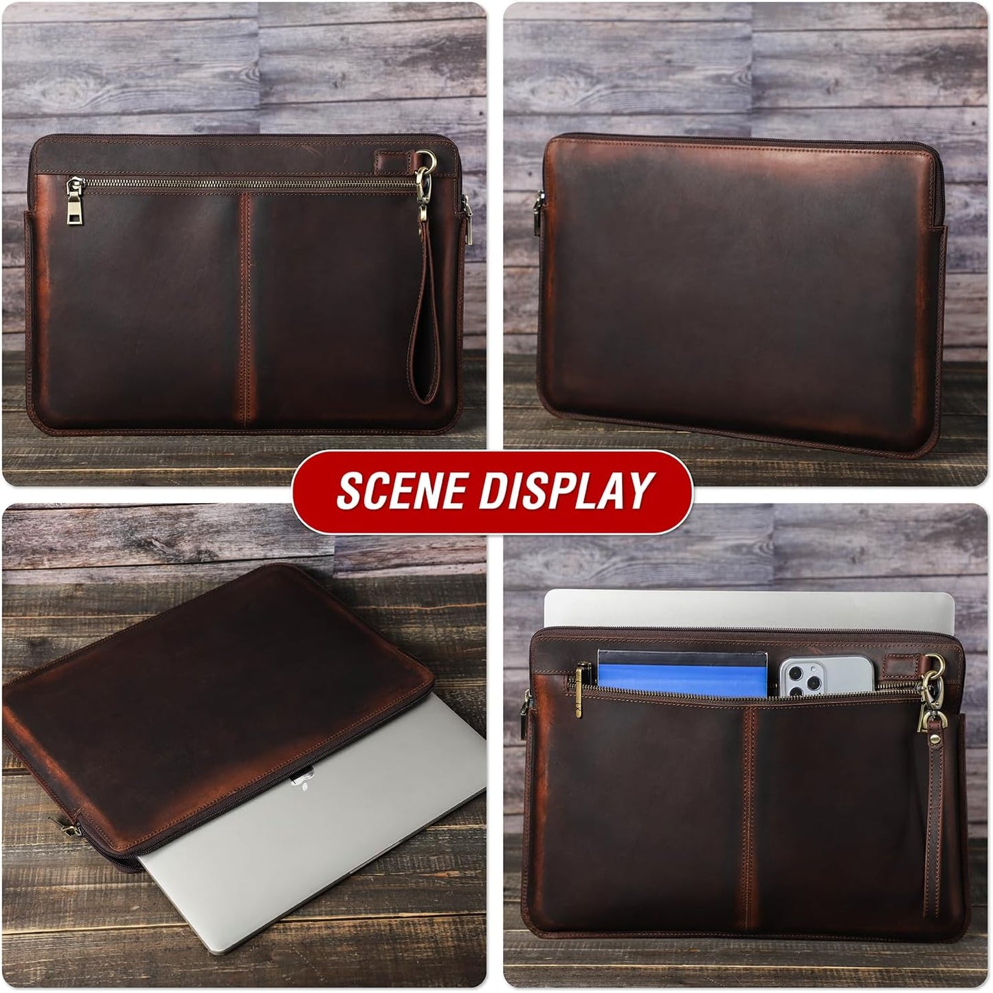 Top Grain Leather 15.4" Slim Laptop Sleeve Case Bag, Vintage Design with 2 Zip Pocket, Handmade, Compatible with MacBook Pro 15.4" Retina 2.6GHz ThinkPad 15.6" & Other PC, Coffee 15.4 Inch