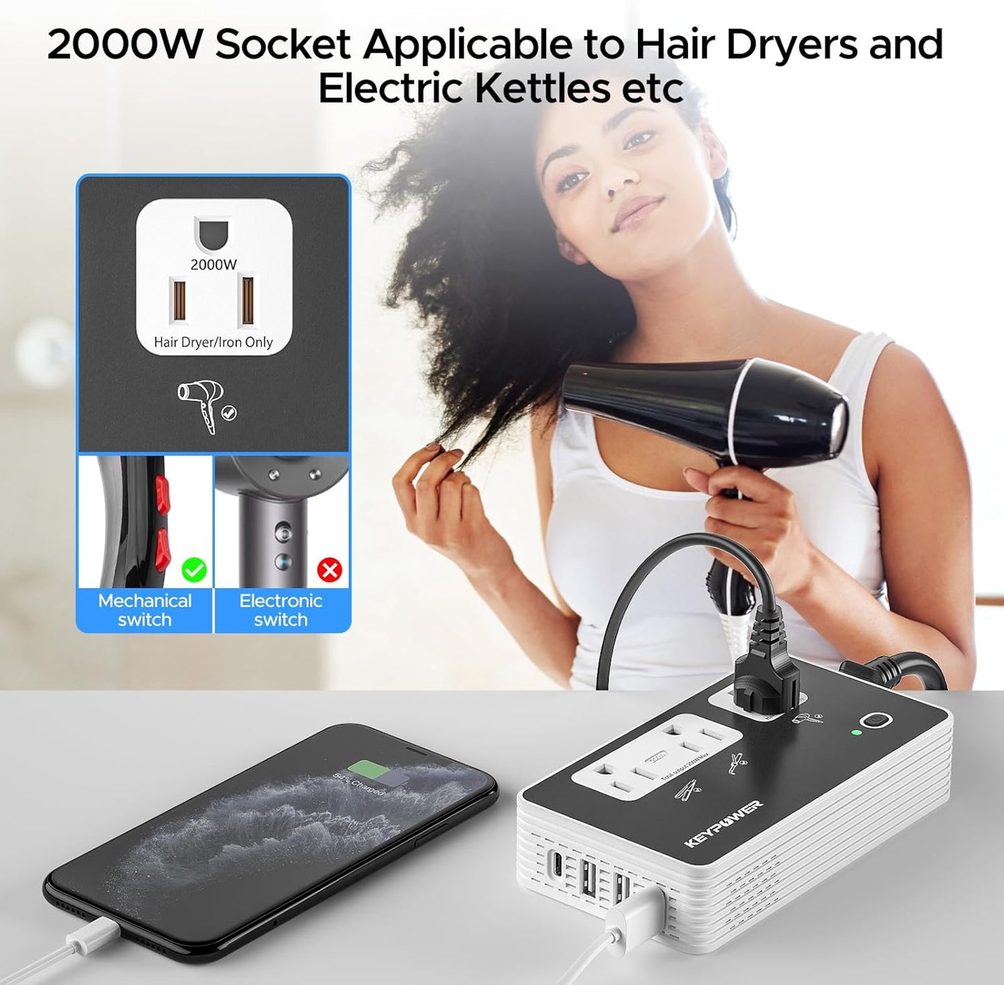 KEY POWER 2000W Voltage Converter US to Europe, 220V to 110V Converter for European Travel for Hair Dryer Straightener Curling Iron,International Universal Power Adapter with Type C, E/F, G, I, A.