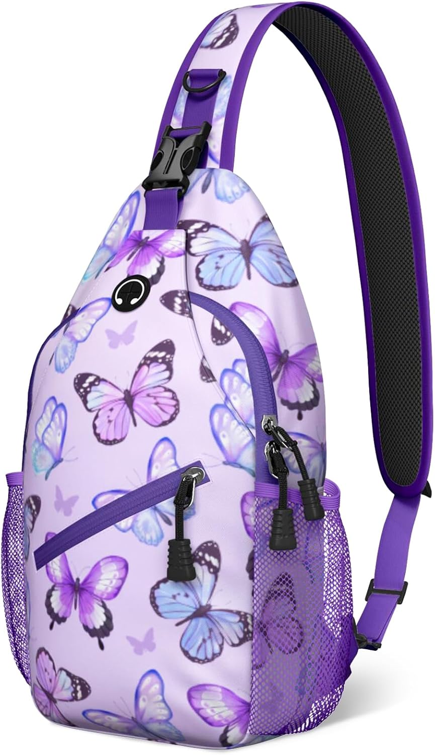 Purple Butterfly Sling Bag Crossbody Chest Bag for Women Men, Water Resistant Lightweight Casual Crossbody Bag with Adjustable Strap, Travel Hiking Daypack Shoulder Backpack