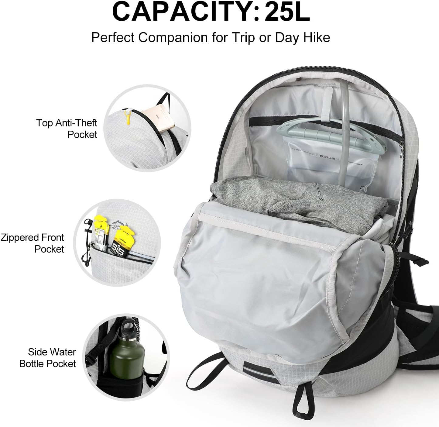 Hydration Backpack, 25L Hiking Backpack with 3L Water Bladder and Rain Cover, Hiking Water Backpack