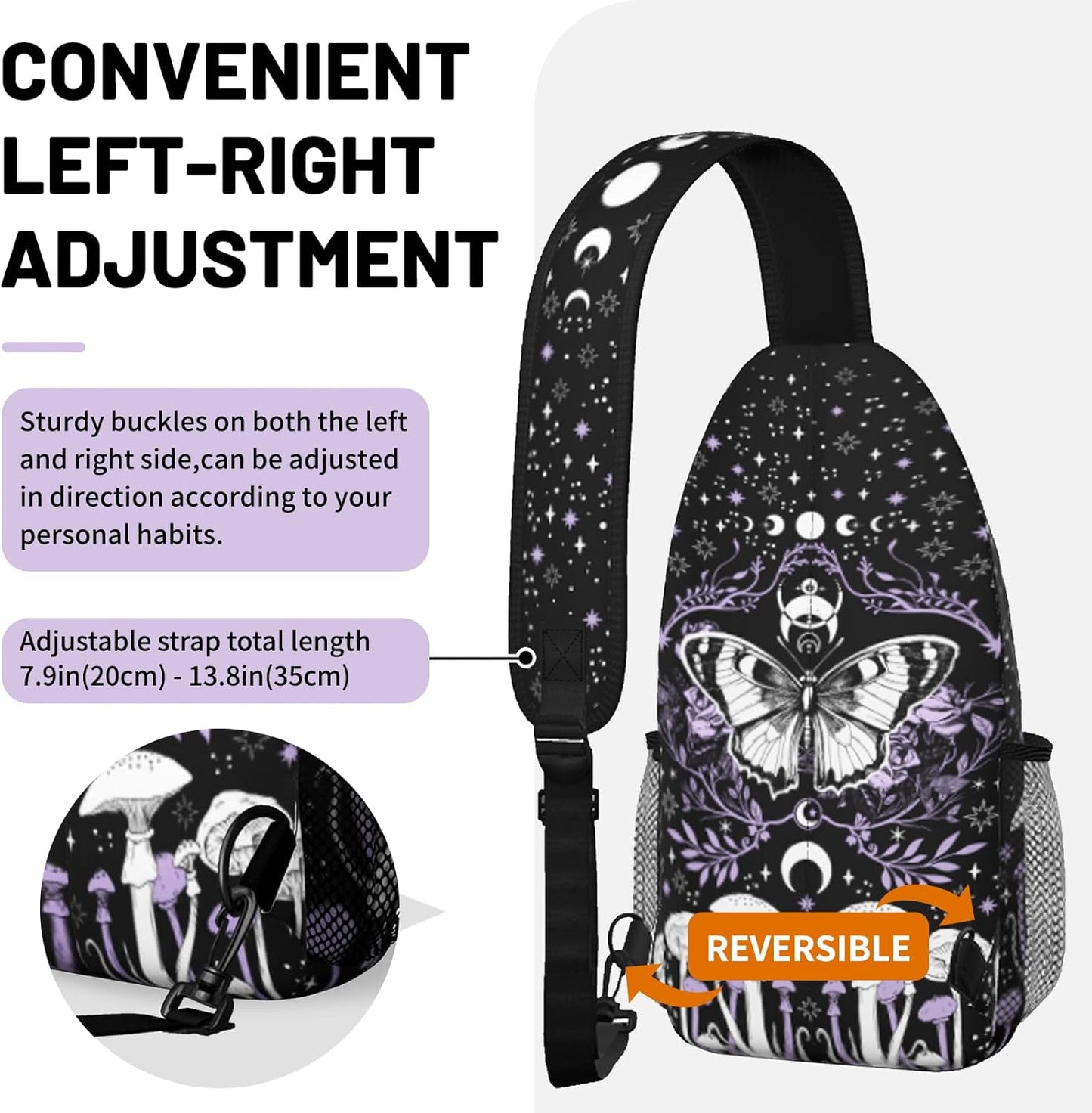 Black Gothic Butterfly Mushroom Sling Bag Crossbody Chest Bag for Women Men, Water Resistant Lightweight Casual Crossbody Bag with Adjustable Strap, Travel Hiking Daypack Shoulder Backpack