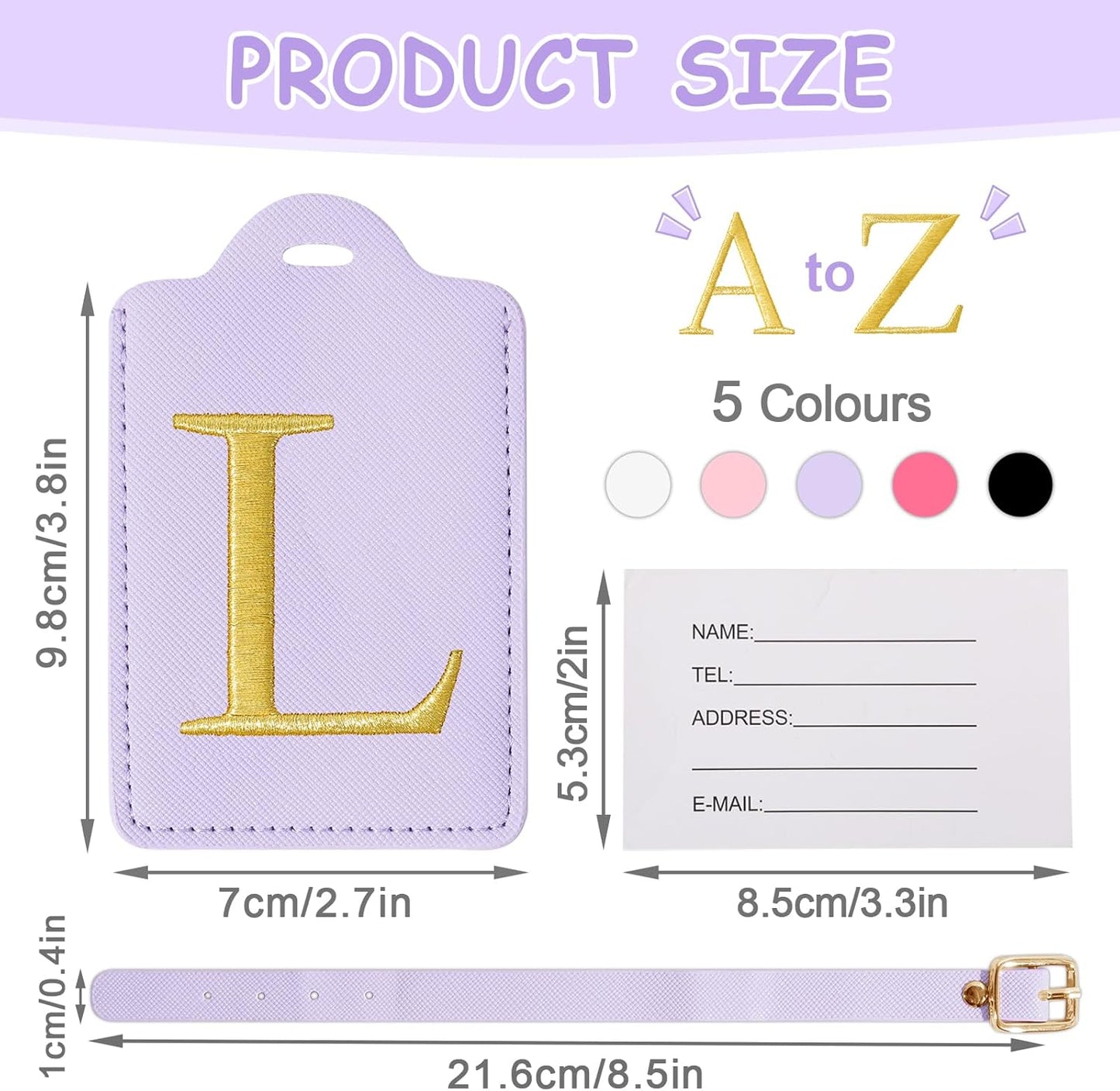 Personalized Initial Luggage Tags for Suitcases, Cute PU Leather Embroidered Letter Travel Luggage Tags, Suitcase Identifier Name Baggage Tag, Bag Tags for Men Women Kids Luggage Handbags(Purple L)