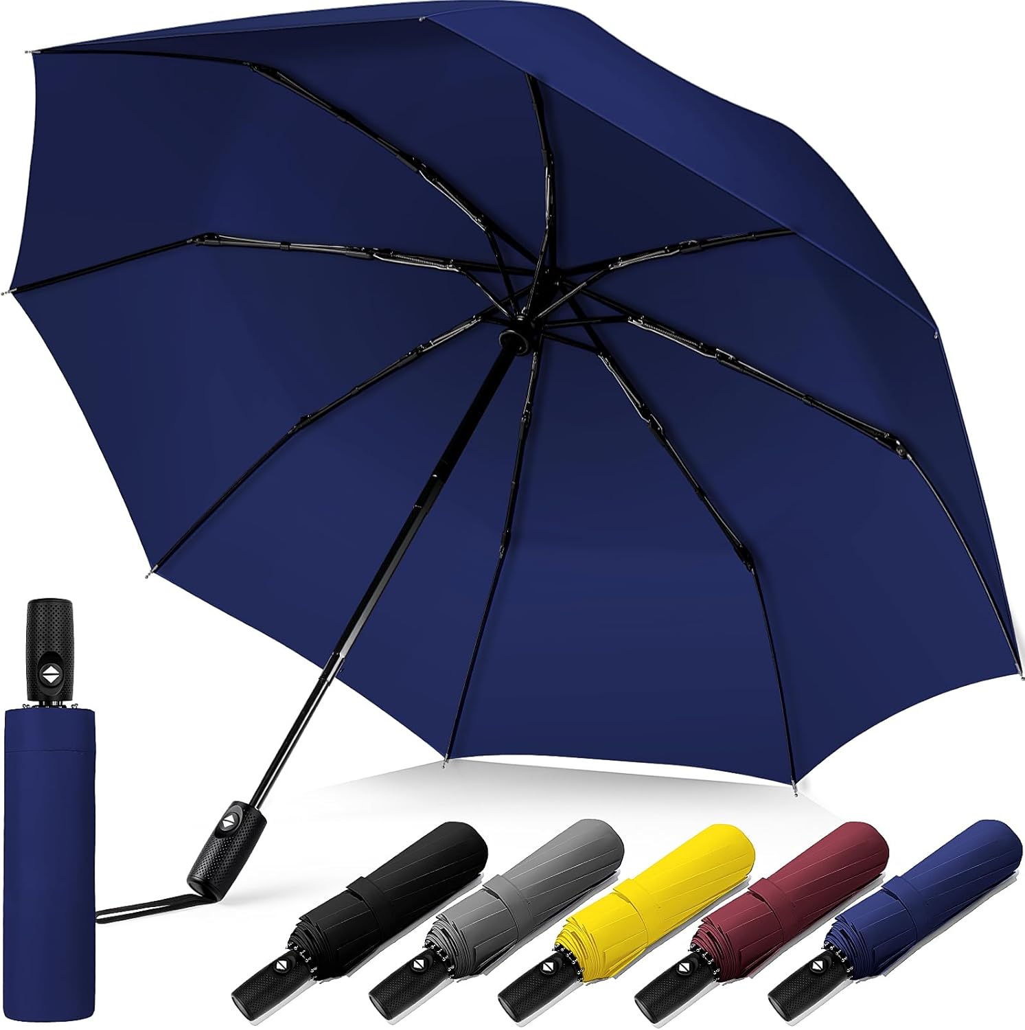 Windproof Travel Umbrella, Compact Umbrella, Car Umbrellas for Rain & Sun, 8 Fiberglass Ribs for