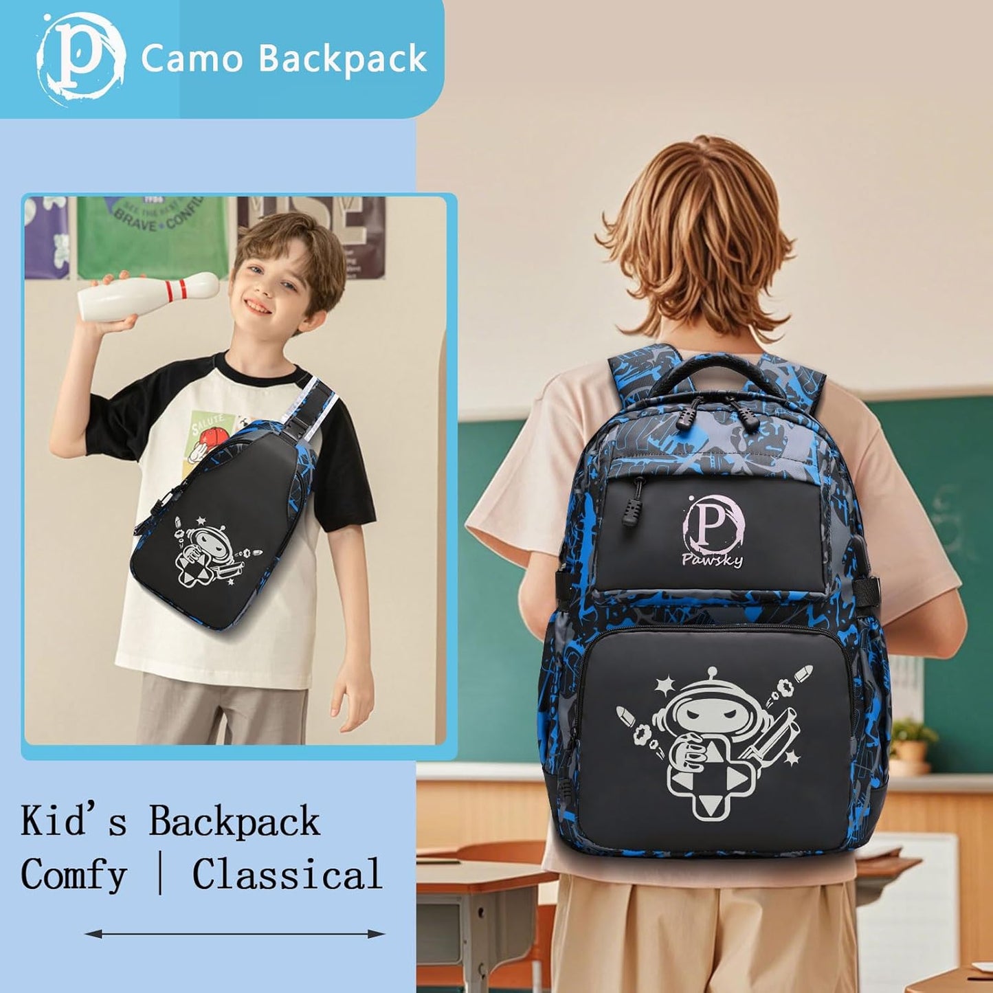 School Backpack for Teen Boys, Kids Backpack Cool Luminous Backpack with USB Charging Port, Lightweight Laptop Bag with Sling Bag Set, Blue