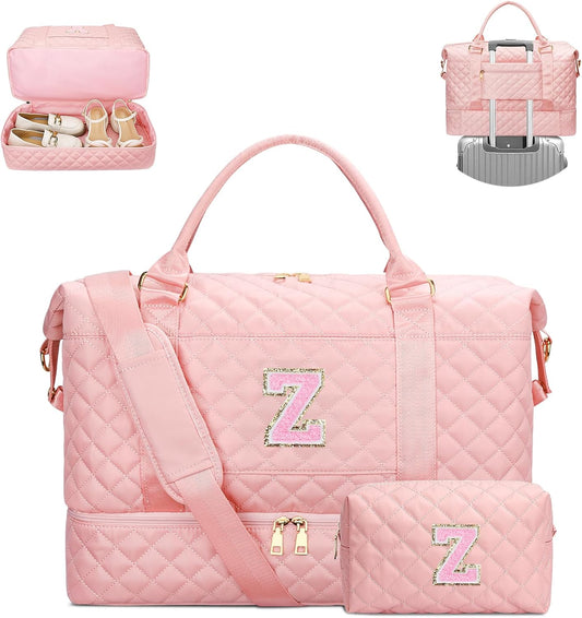 Gifts for Women Girls Birthday Christmas Initial Travel Duffle Bag Quilted Weekender Bags Carry-On Overnight with Cosmetic Bag, Gym Bag with Shoe Compartment, Pink-Z