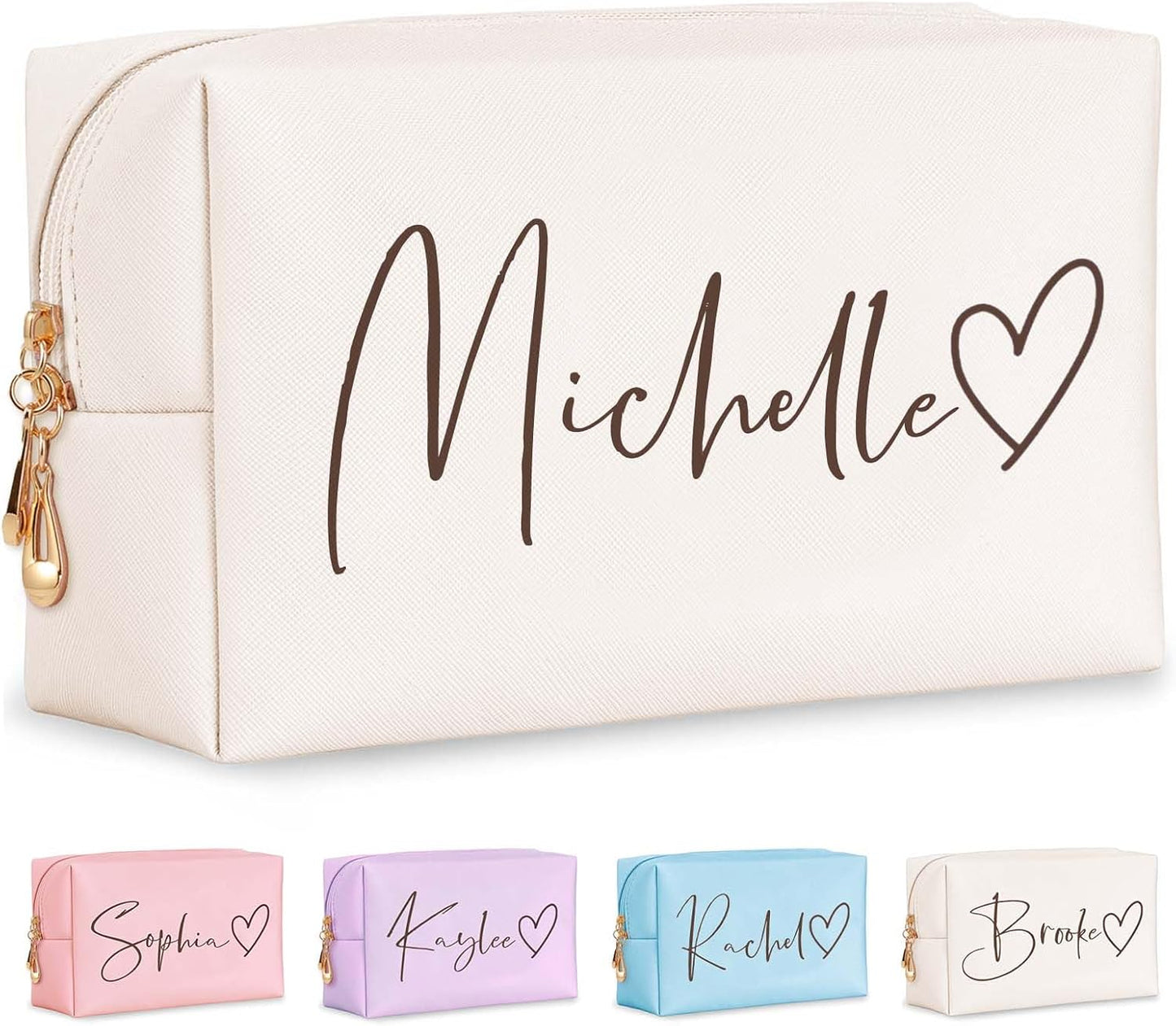 Personalized Makeup Bag with Name & Birth Flower, Custom Leather Cosmetic Bags for Women