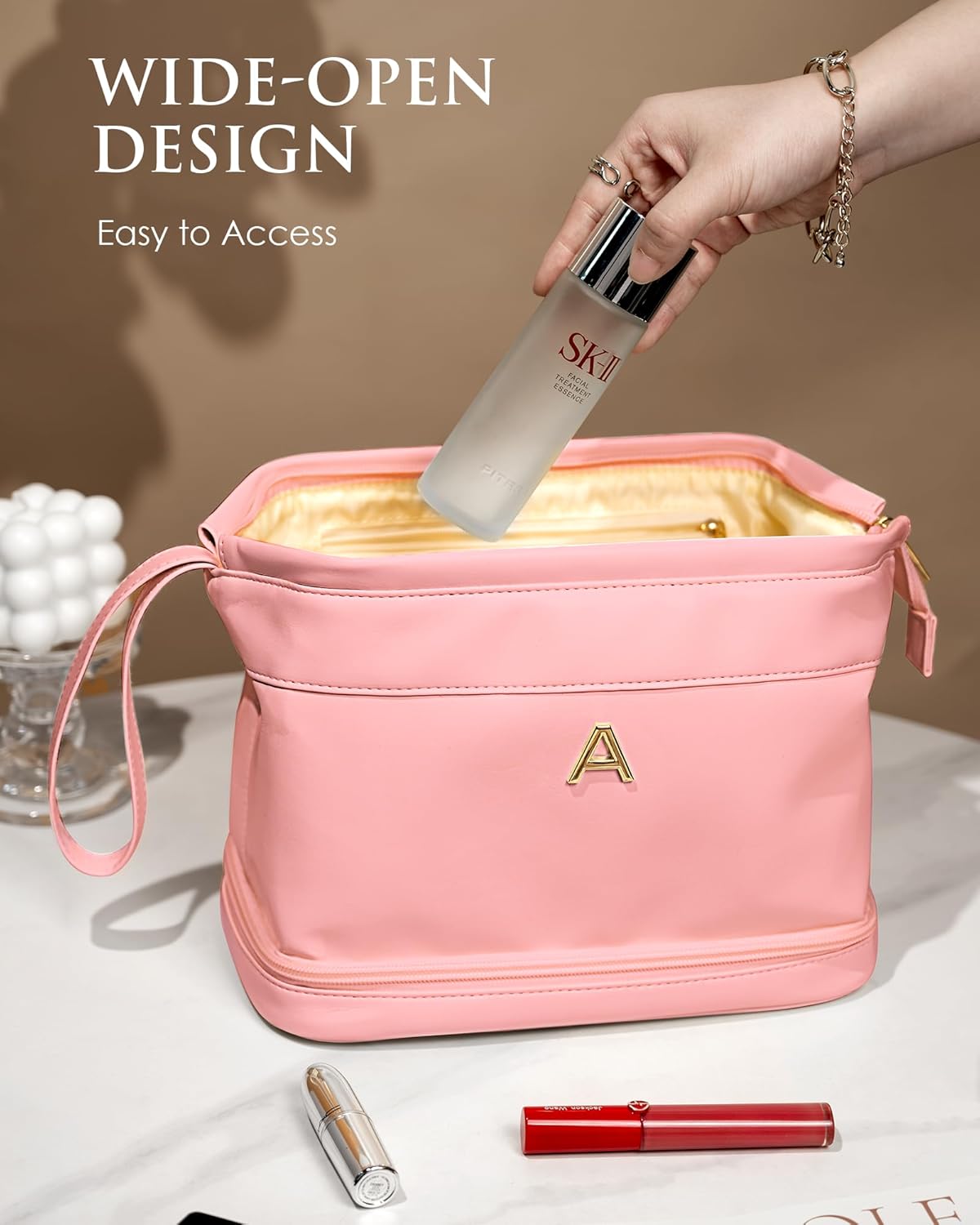 Gifts for Teacher-Initial Makeup Bags, Personalized Double Layer Cosmetic Bag with Makeup Brush Organizer, Women Birthday Gifts, Large Capacity PU Leather Toiletry Bag, Gifts for Friends