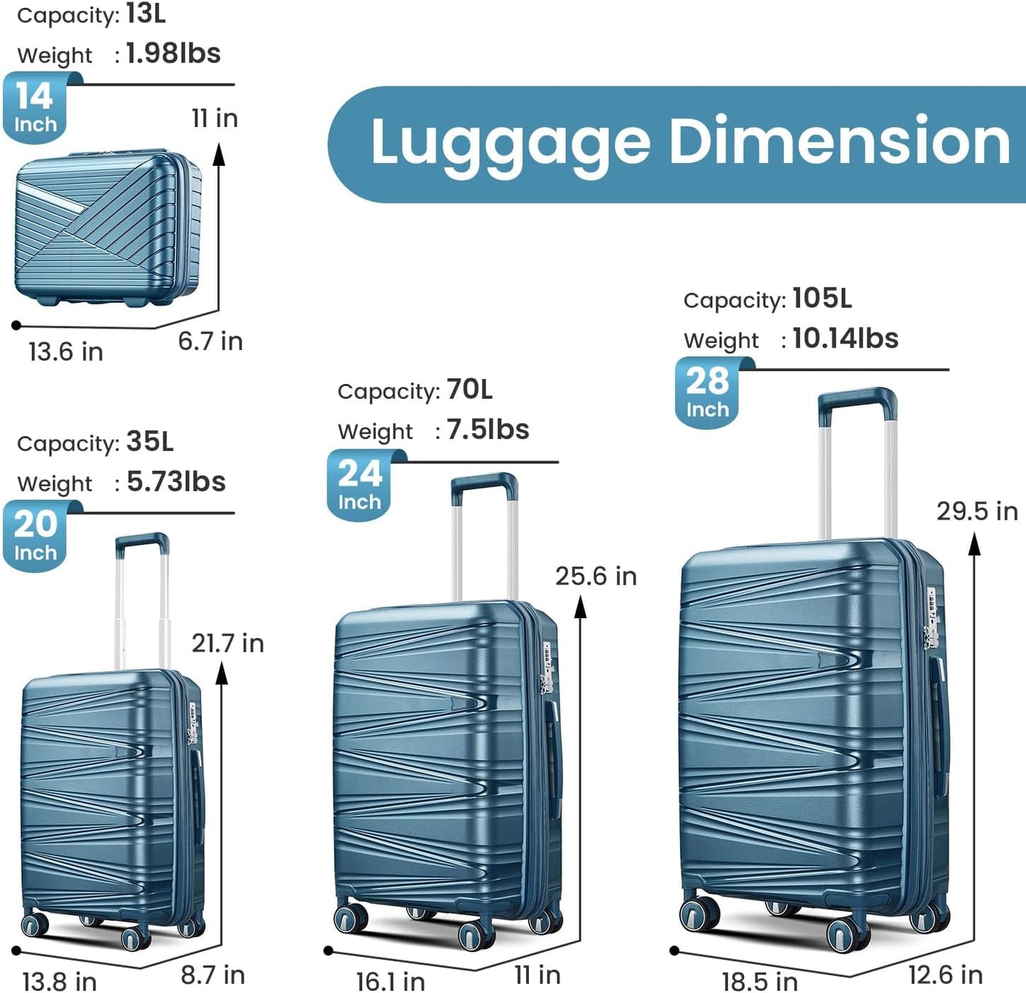 Campfun Luggage 4 Piece Sets, Expandable Carry On Luggage Set Hardshell PP, Suitcase Set with