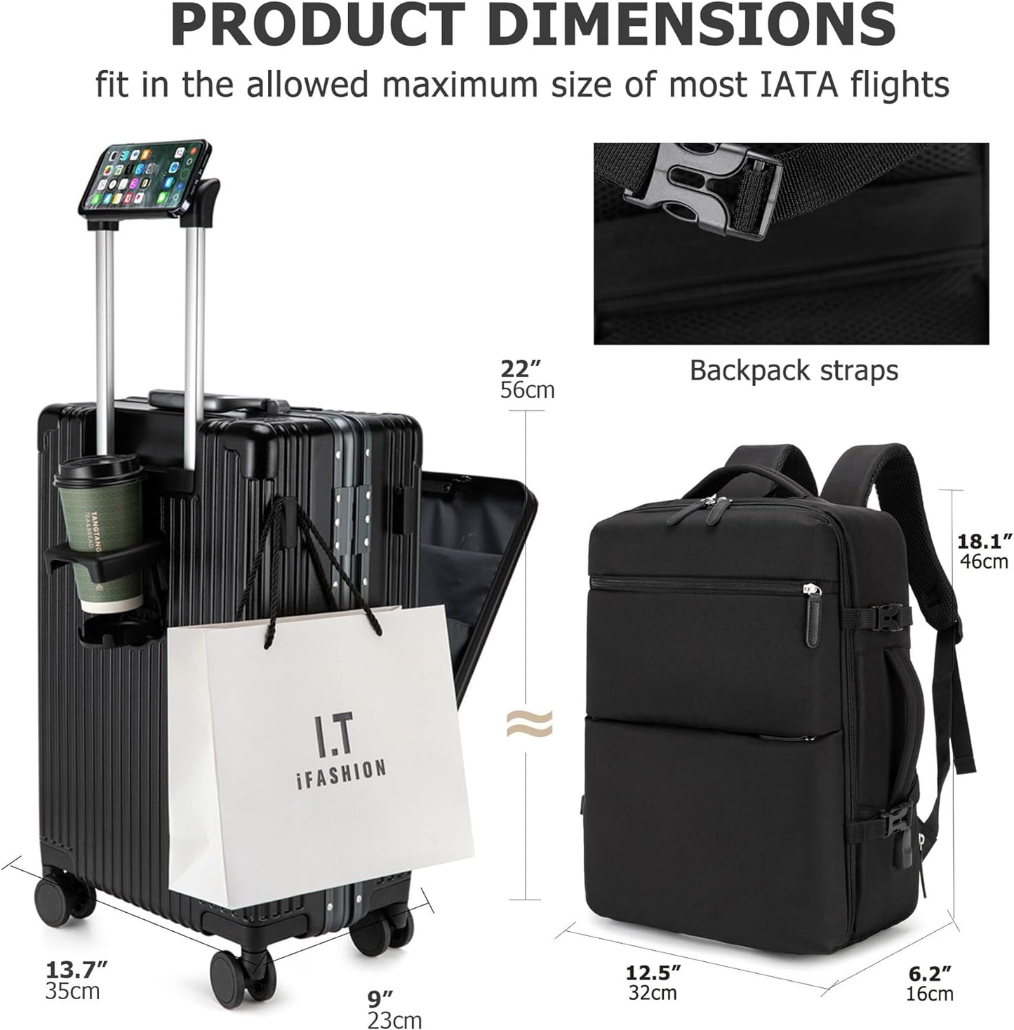 feilario 2 Piece Set 24in Aluminium Frame PC Hard Shell Spinner Wheels Luggage, Built-In TSA lock Carry on Suitcase, with Cup Holder, USB Port, Phone Holder