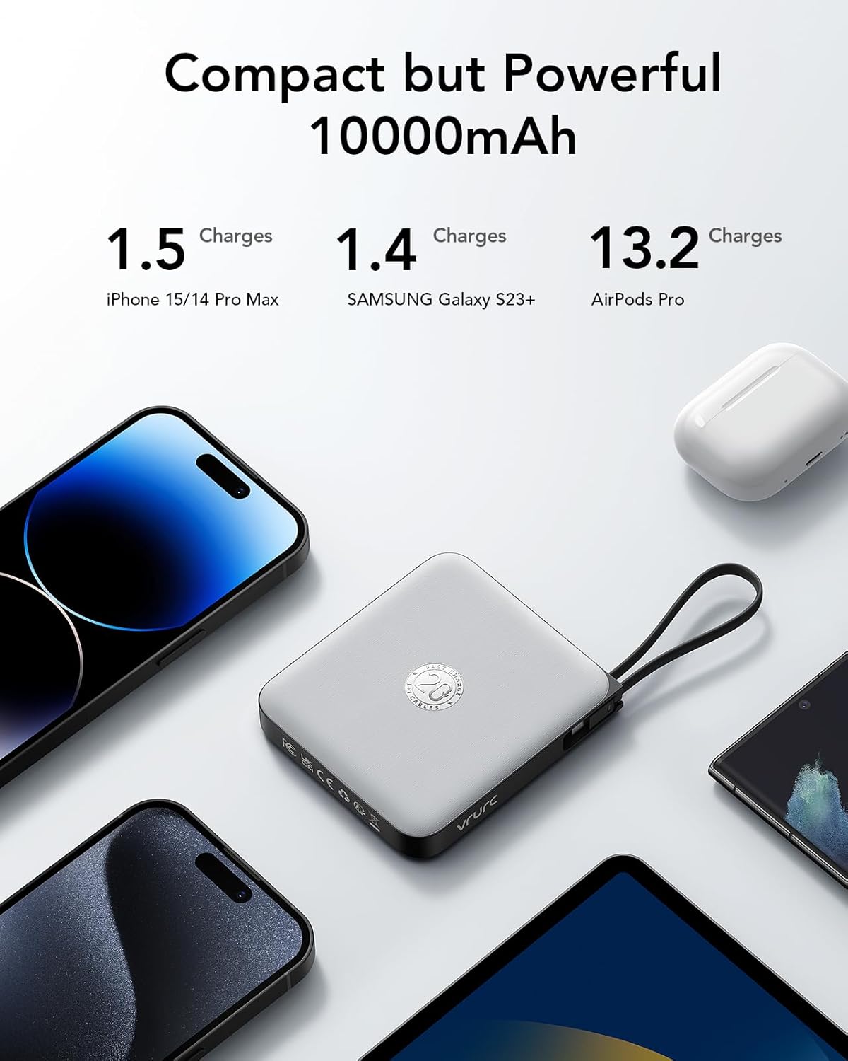 VRURC Portable Phone Charger 4 Built-in Cables, Fast Charging PD 20W Power Bank 10000mAh, USB C