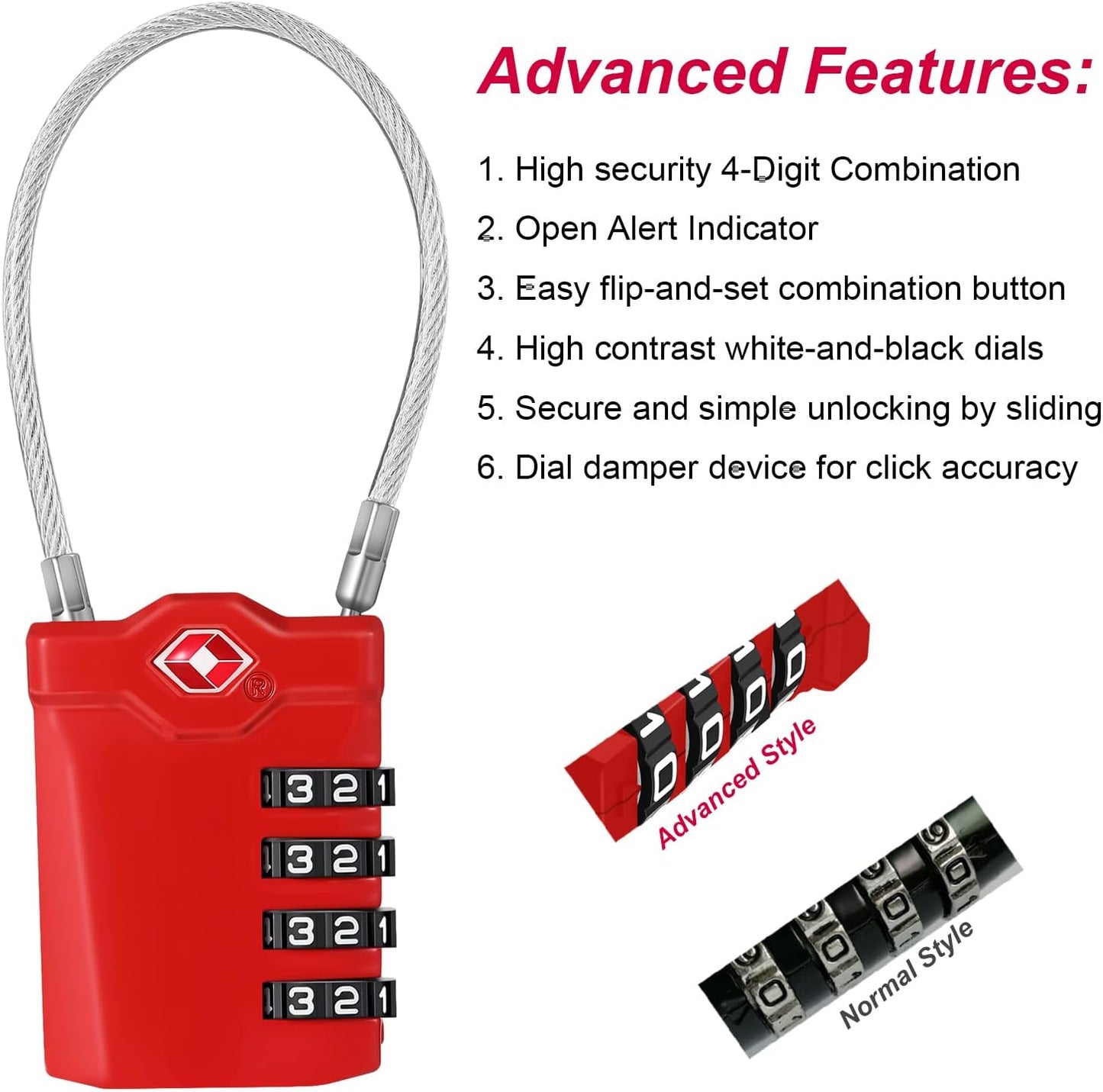ZHEGE TSA Cable Luggage Lock, 4 Digit Zipper Lock with Open Alert Indicator, Easy to Read White Number Lock for School Gym Locker, Backpack, Suitcase, Laptop Bag (1 Pack, Red)