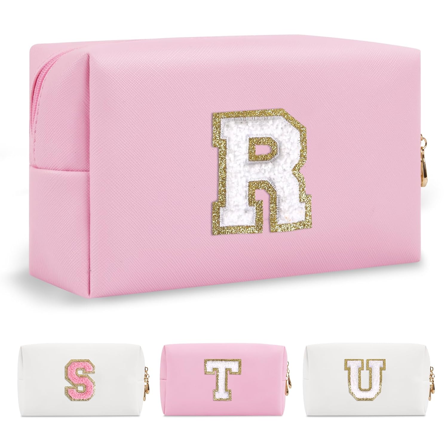 Personalized Initial A-Z Preppy Patch Makeup Bag,Small PU Chenille Letter Cosmetic Bag with Zipper