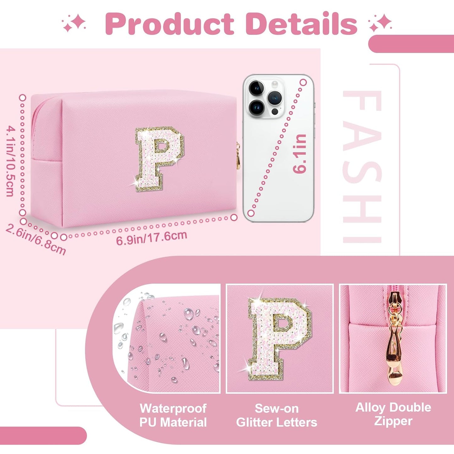 Small Personalized Initial A-Z Patch Makeup Bag,Pink Cute PU Leather Glitter Letter Cosmetic Bag for Teen Girls,Travel Toiletry Bag with Zipper,Preppy Monogrammed Birthday Gift for Daughter Niece P