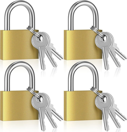 4 Pcs Solid Brass Keyed Padlock, Small Yellow Gym Lock, Strong Padlock with Same Key for Luggage Toolbox (30mm 1-3/16'')