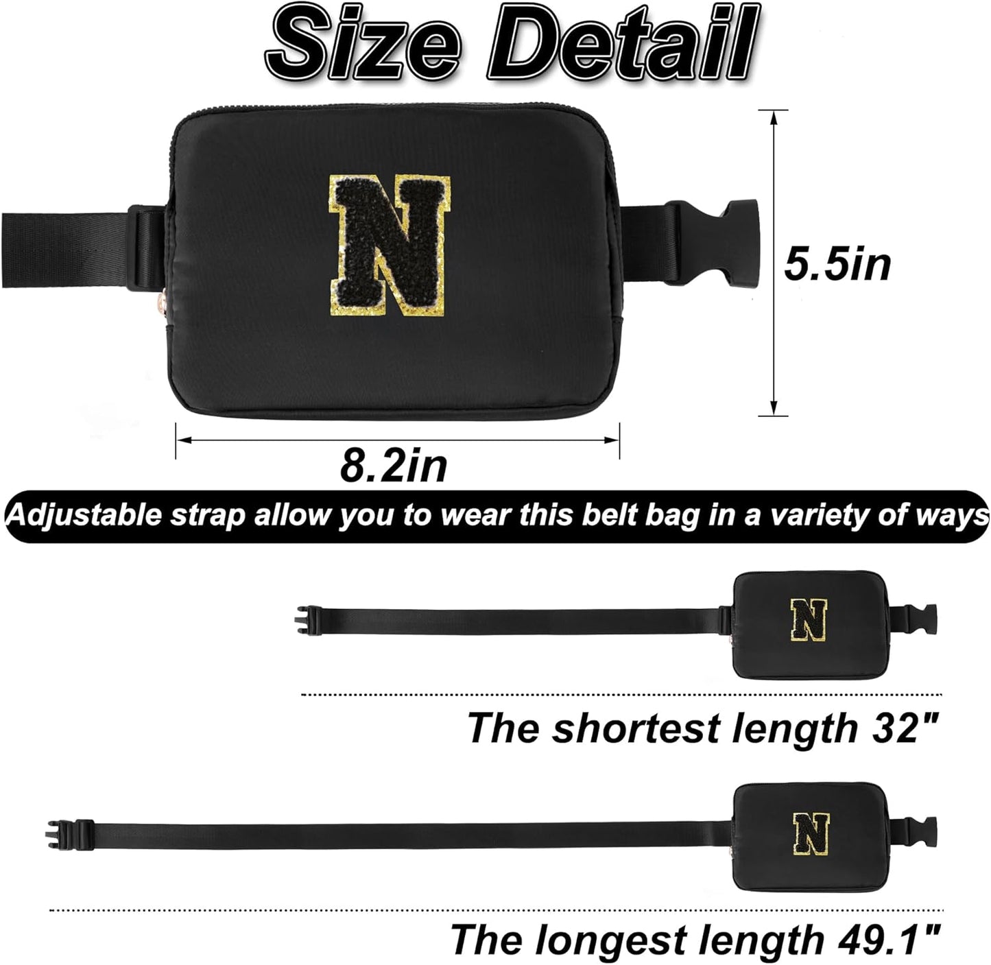 Personalized Belt Bag for Women Girls - Fashion Mini Waist Packs with Adjustable Strap - Trendy Travel Fanny Pack Crossbody Bags with Initial Letter - Teen Gifts | Black,Black N