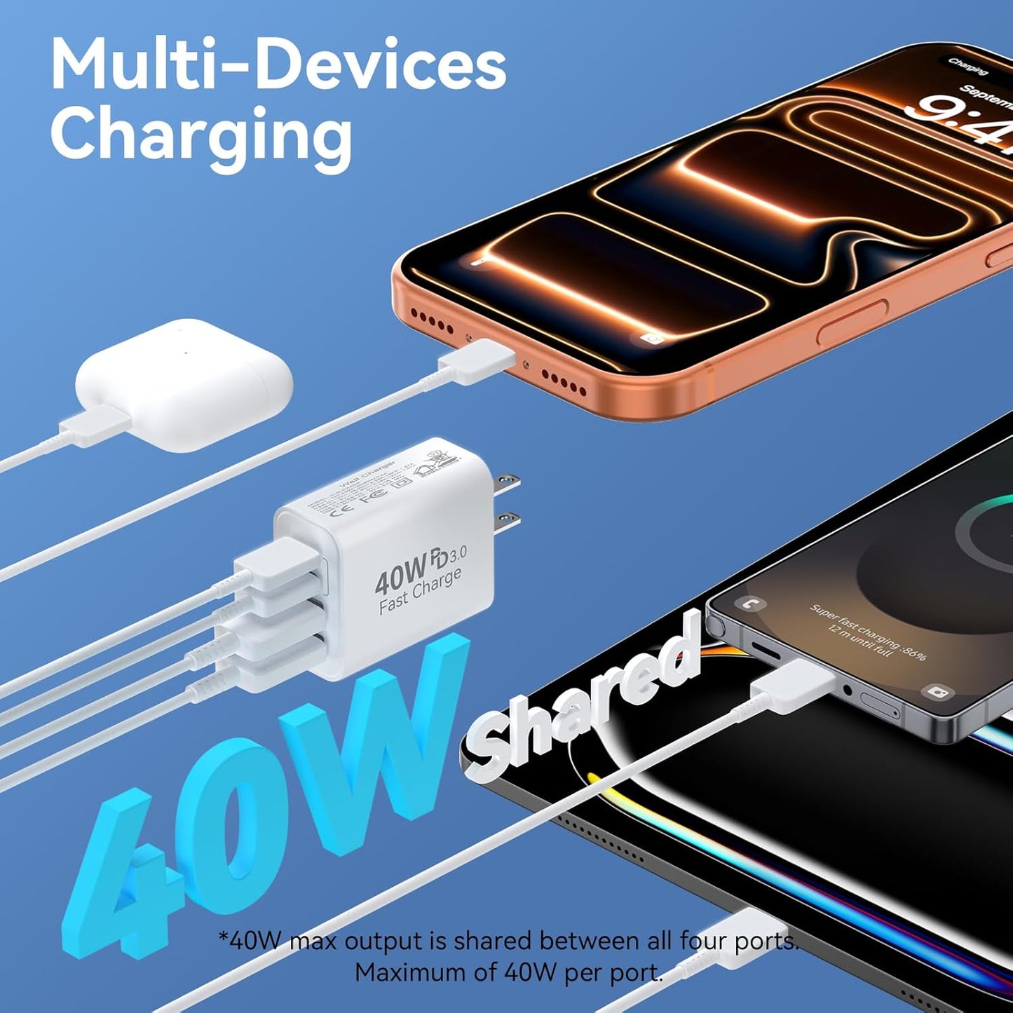 USB C Charger Block, 40W 4 Ports Type C Fast Phone Charging Blocks Cube PD USBC Wall Plug+QC 3.0 USB A Charger Brick Box Power for iPhone 17/16/15/14/13/12 Pro Max, iPad, Samsung Galaxy, Pixel, 2Pack