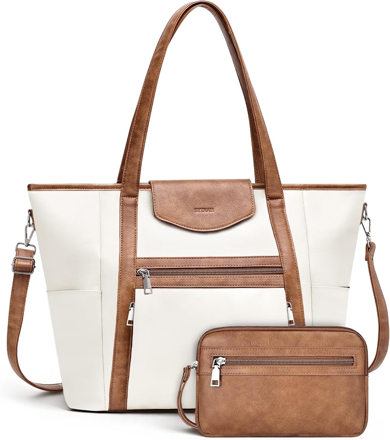 Laptop Bag for Women Designer Leather Laptop Backpack Purse, 16 inch Computer Tote Bags for Work Travel with Satchel Purse Beige Brown