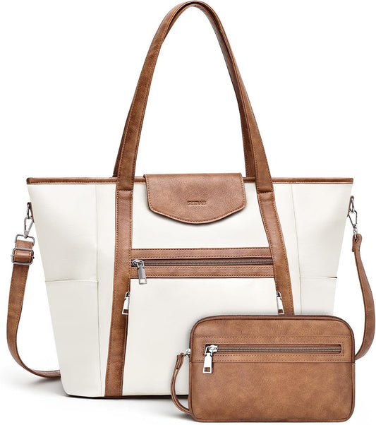 Laptop Bag for Women Designer Leather Laptop Backpack Purse, 16 inch Computer Tote Bags for Work Travel with Satchel Purse Beige Brown