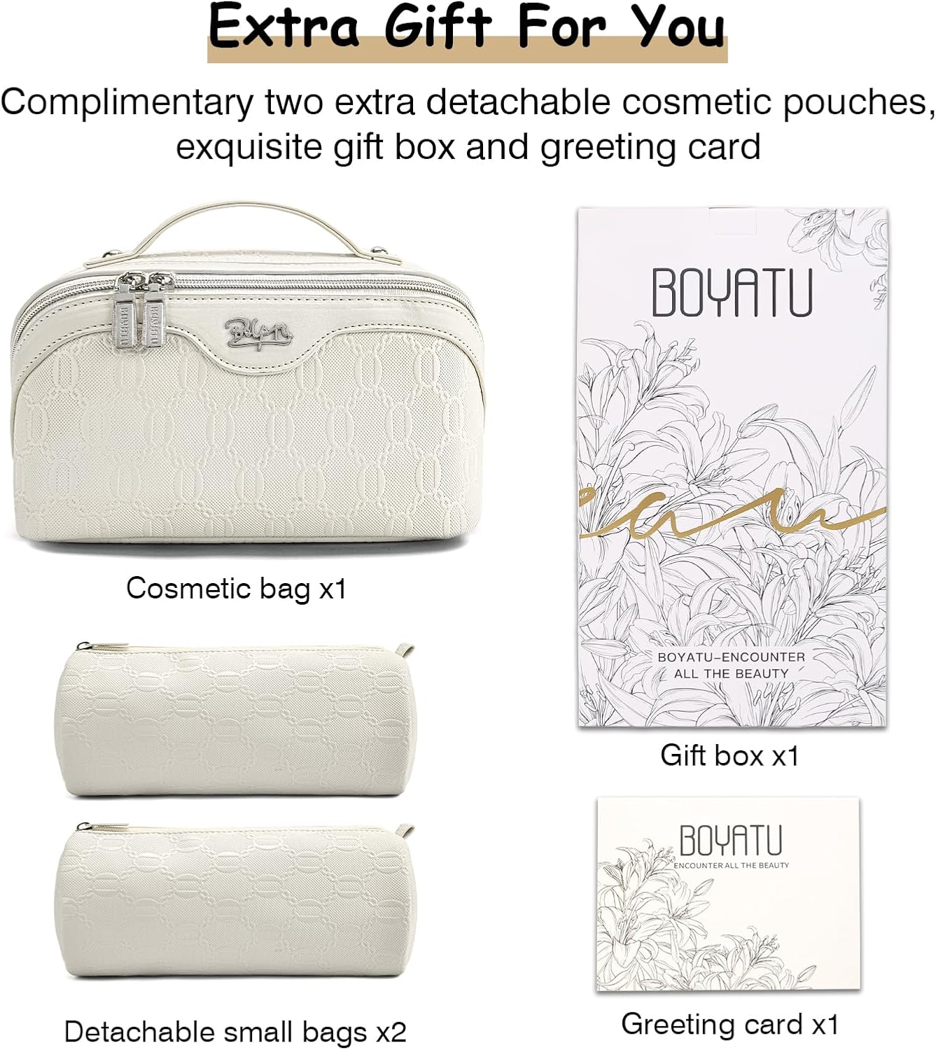 BOYATU Travel Makeup Bag for Women: Cosmetic Organizer Bag with Compartments - Leather Make up Bags Set of 3 (G-2-White)