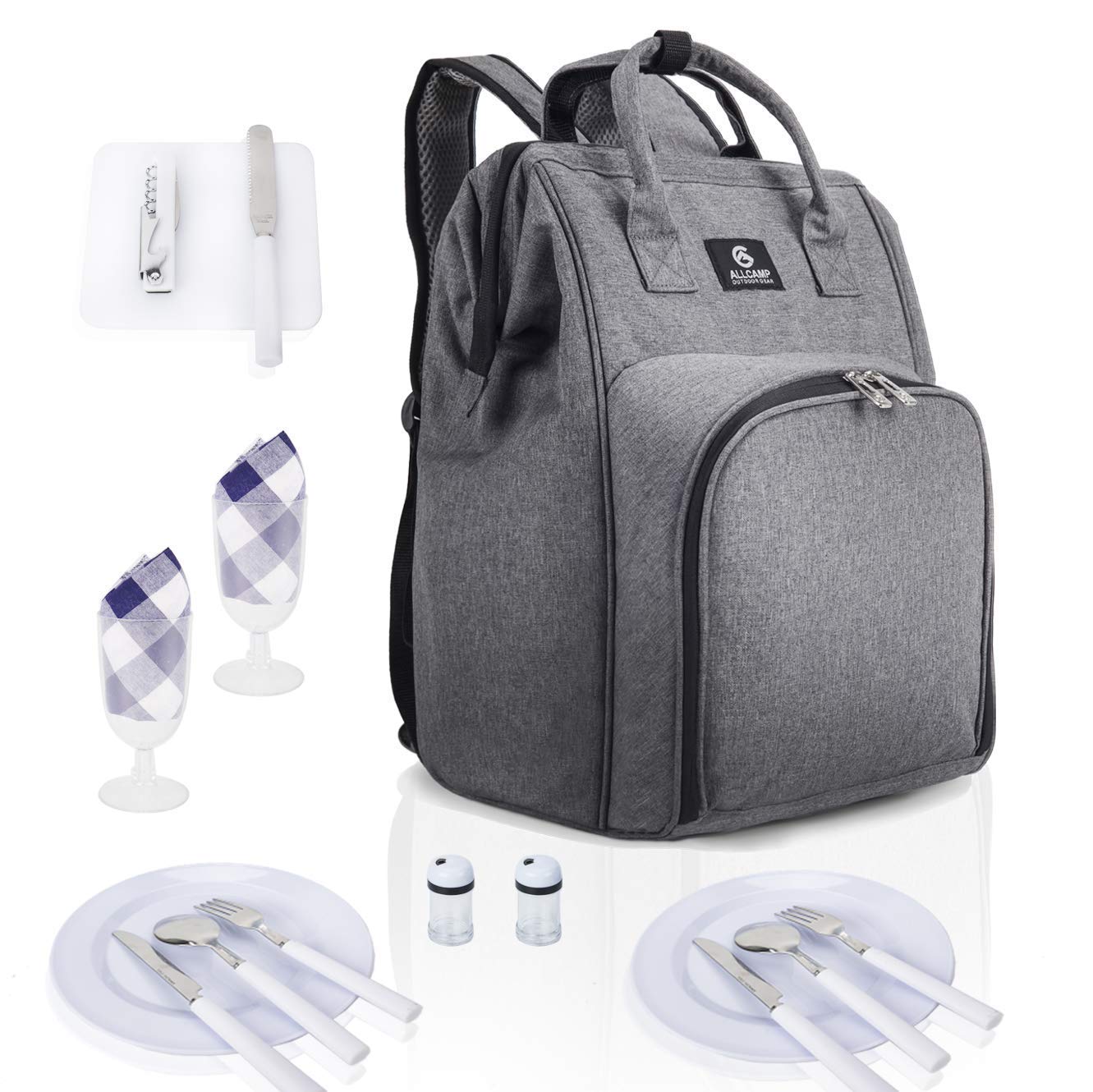 ALLCAMP Picnic Backpack, 2-Person Set with Blanket and Wine Holder, Gray