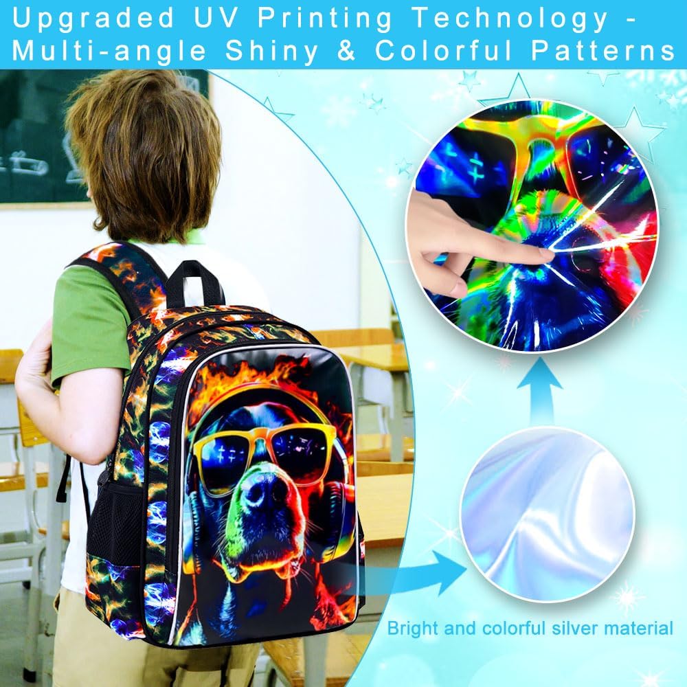3PCS Boys Dog Bookbag, Water Resistant Kids Backpack with Lunch Box, 17" School Bag Set for Teenagers Middle Elementary - Sunglasses Dog